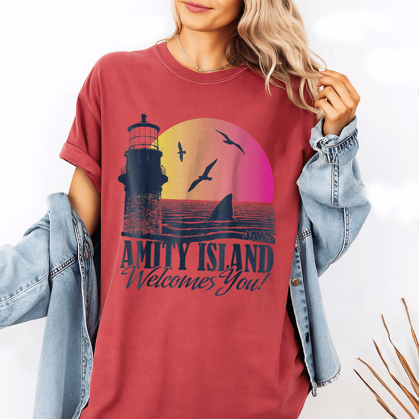 Jaws Sunset Amity Island Graphic T-Shirt Embrace the Beach Vibes in Style Perfect for Horror and Movie Fans - 1