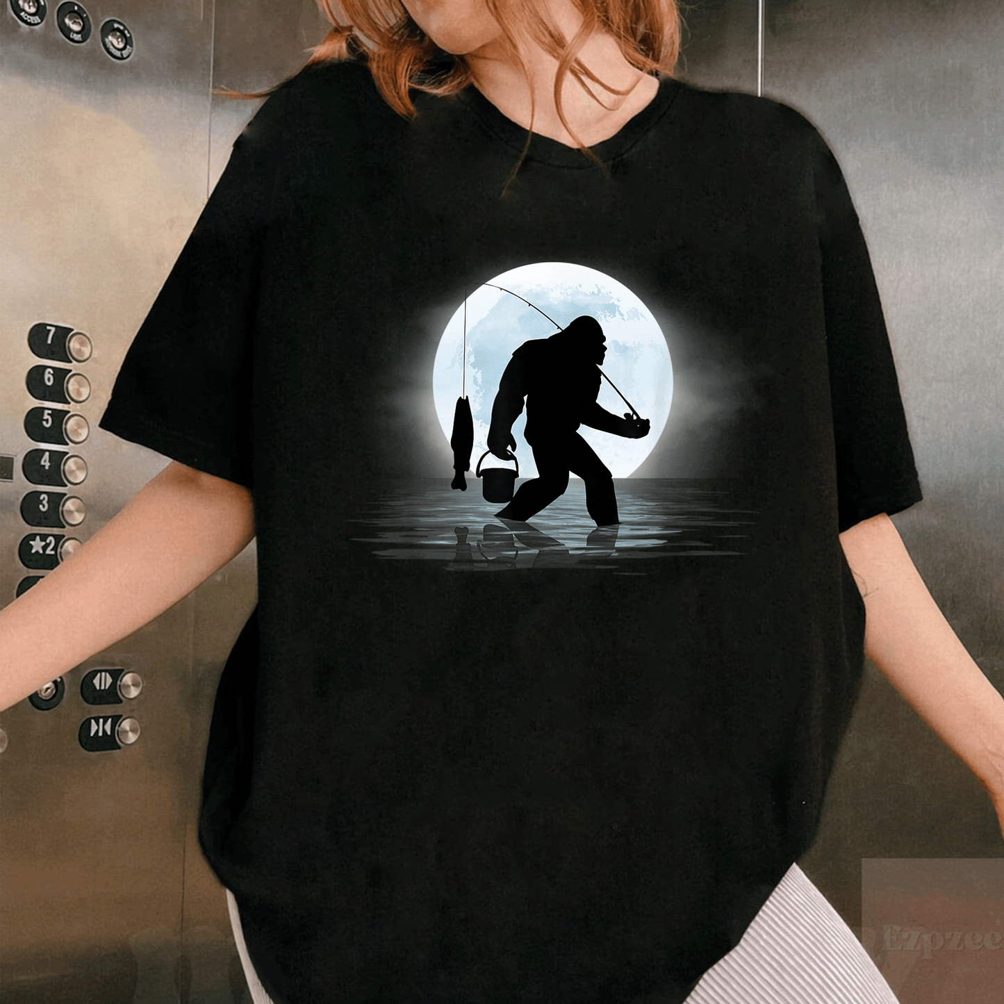 Funny Bigfoot Fishing Shirt for Night Fishing Lovers, Featuring Sasquatch and Fish - Great Gift for Anglers and Nature Fans! - 1