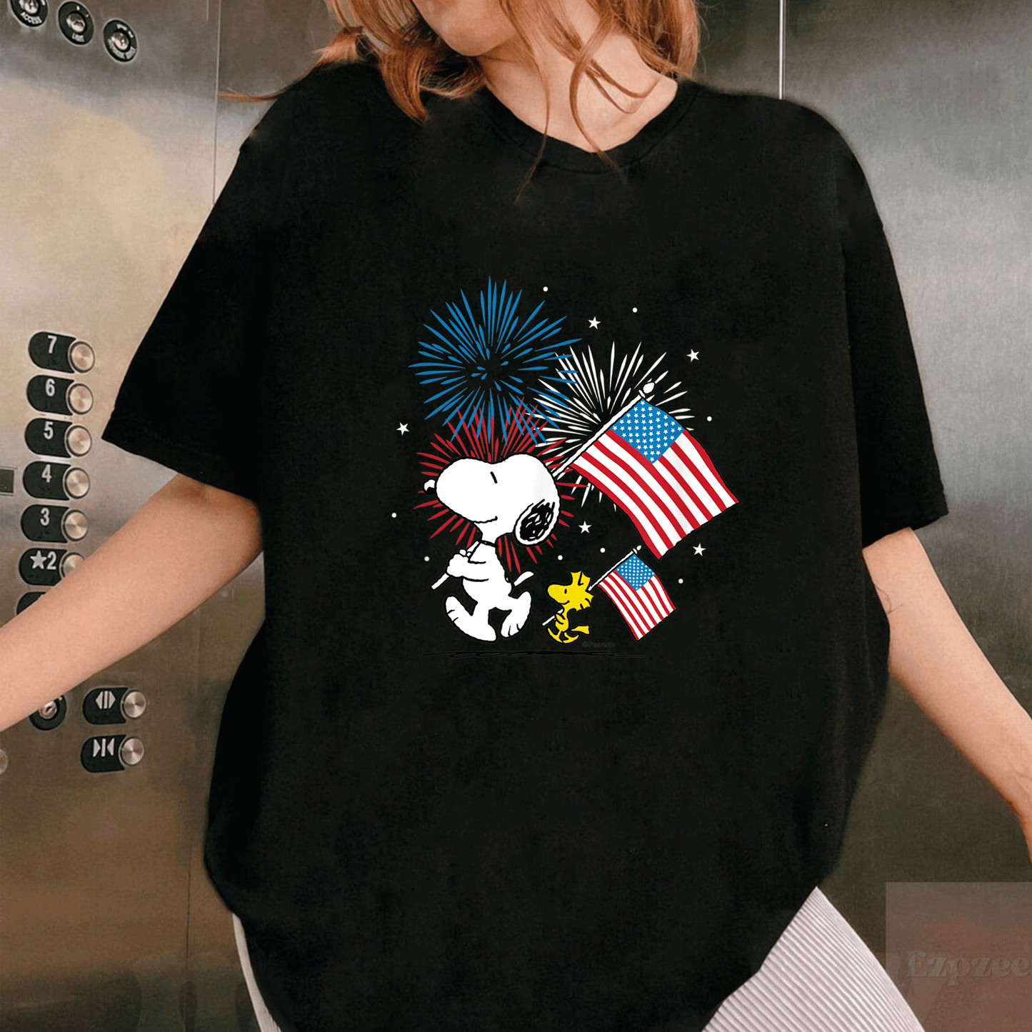 Snoopy and Woodstock American Flags T-Shirt - Fun Peanuts Graphic Tee for Casual Style and Fans of All Ages - 1