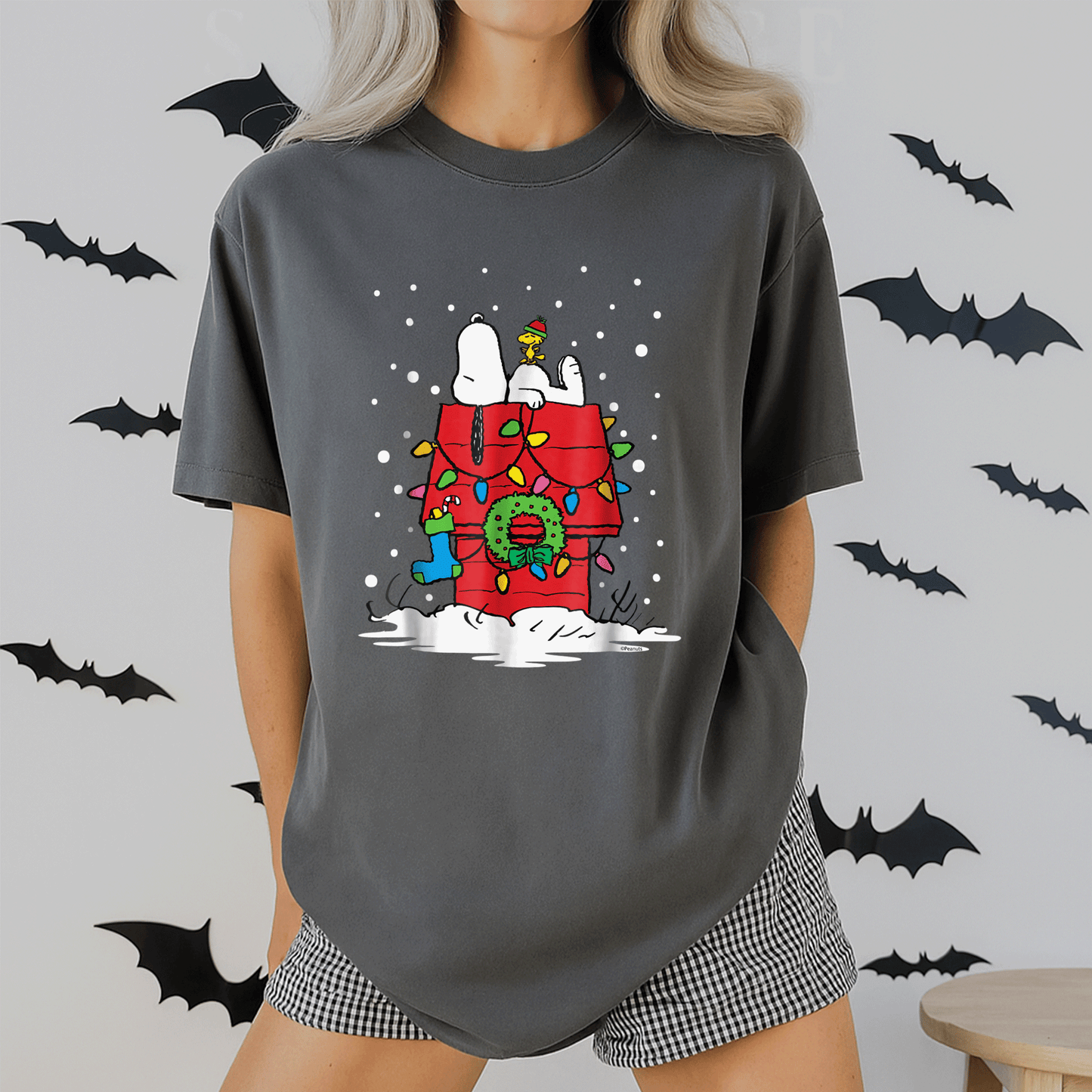 Light Up Peanuts Snoopy and Woodstock Stocking T-shirt – Perfect Holiday Tee for Fun and Festive Celebrations - 2