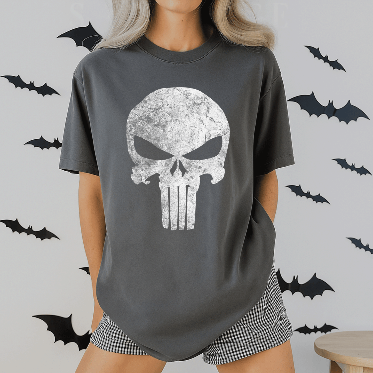 Stylish Marvel Punisher Skull Symbol Distressed Graphic T-Shirt for Fans - Perfect Gift for Comic Book Lovers and Casual Wear - 2