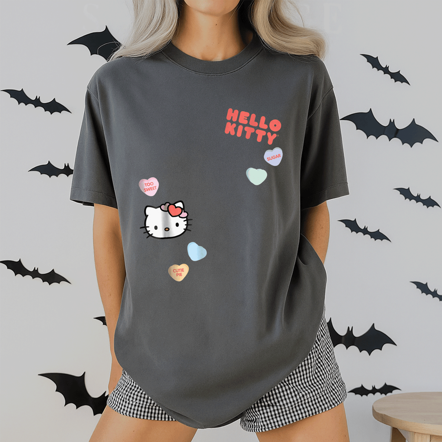 Cute Hello Kitty Candy Hearts Valentine Tee Shirt for Kids and Adults, Adorable Love-Themed Graphic Tee Perfect for Valentine's Day - 2