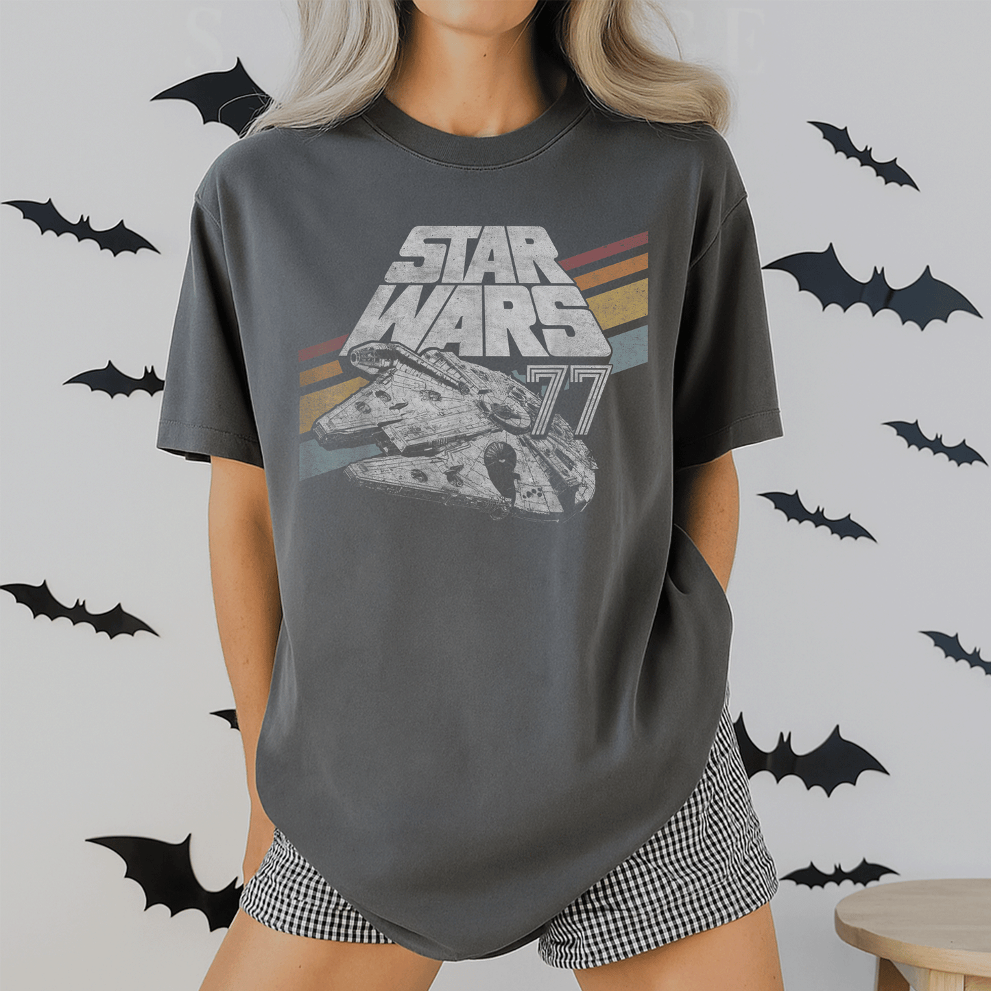 Retro Star Wars Millennium Falcon 77 T-Shirt with Stylish Diagonal Stripes – Perfect for Fans and Collectors! - 2