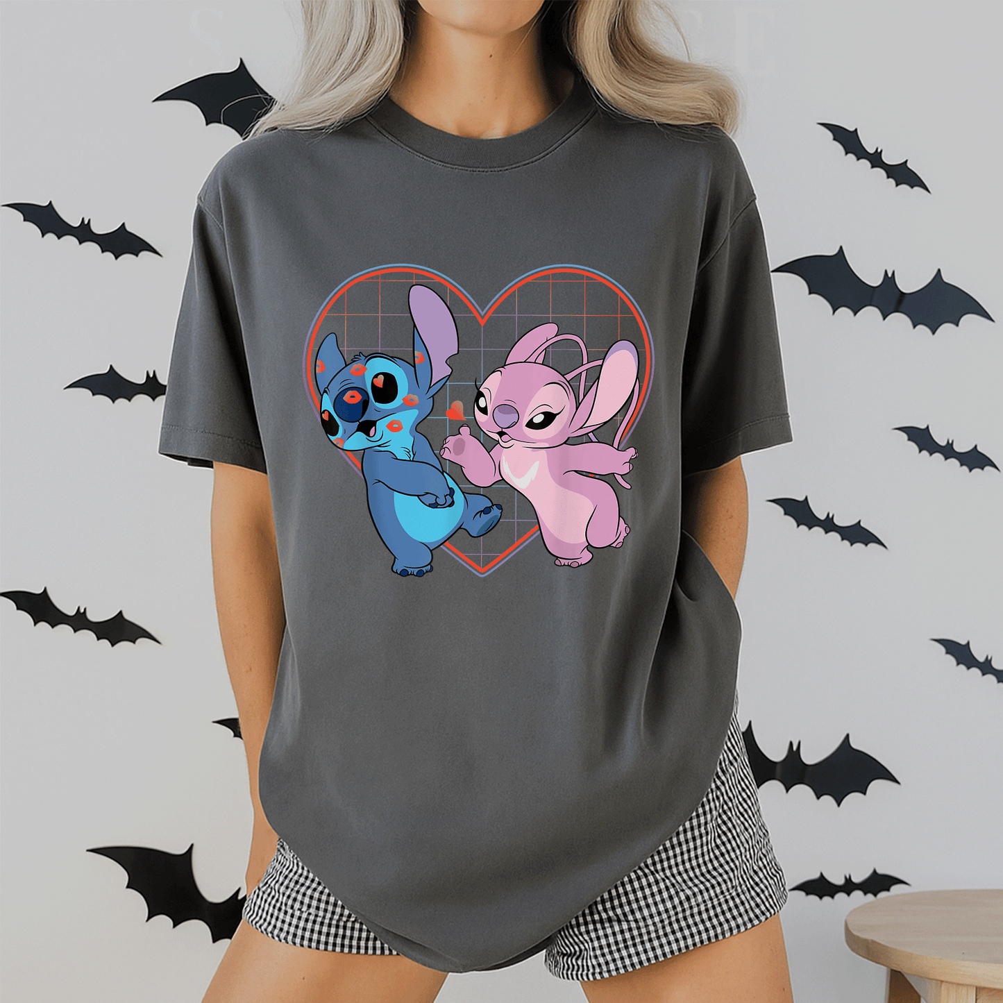 Cute Disney Lilo and Stitch Angel Heart Kisses T-Shirt for Fans of Cozy Style and Adorable Character Designs - 2