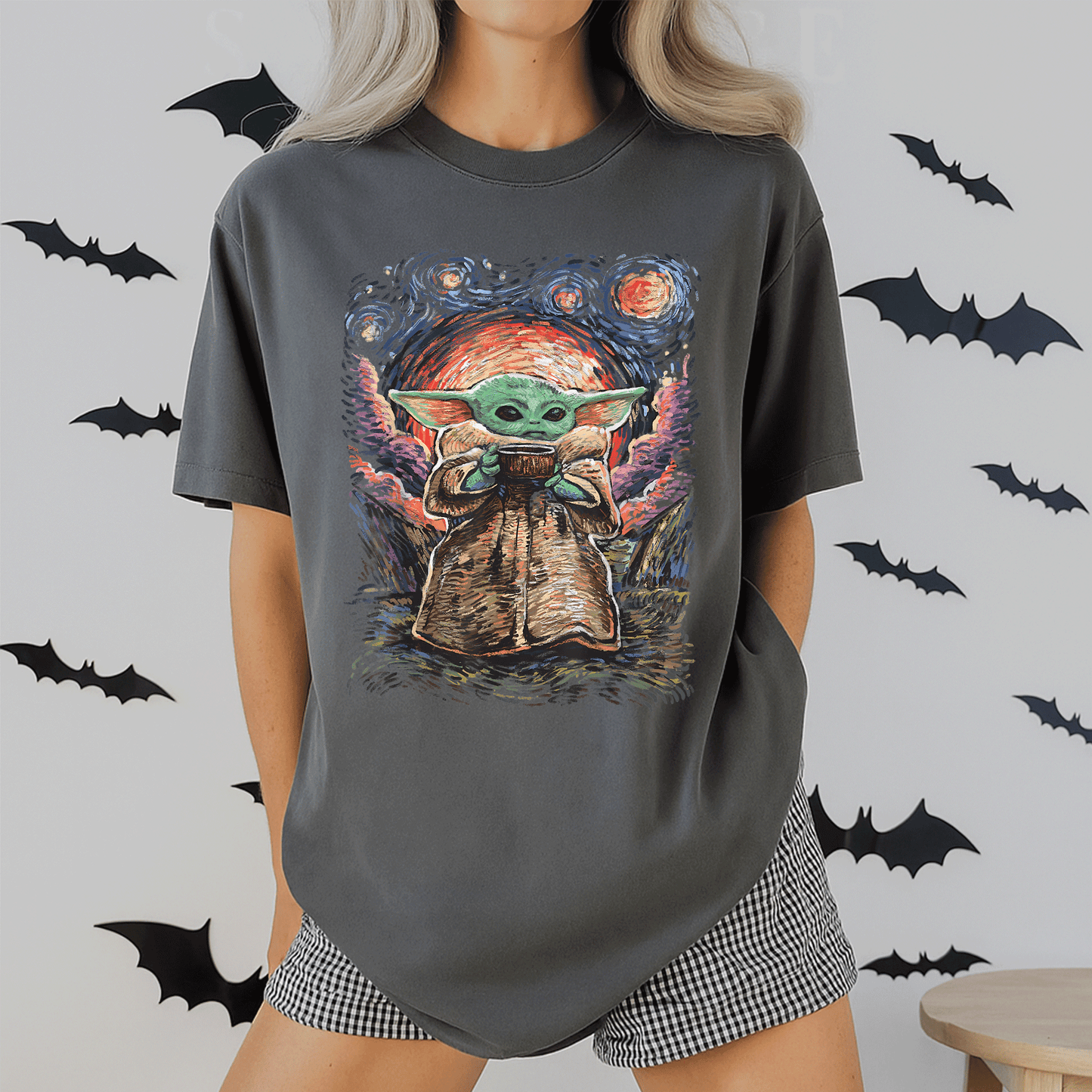 Star Wars The Child Starry Night T-Shirt featuring adorable Baby Yoda design for fans of all ages in soft, comfortable fabric - 2