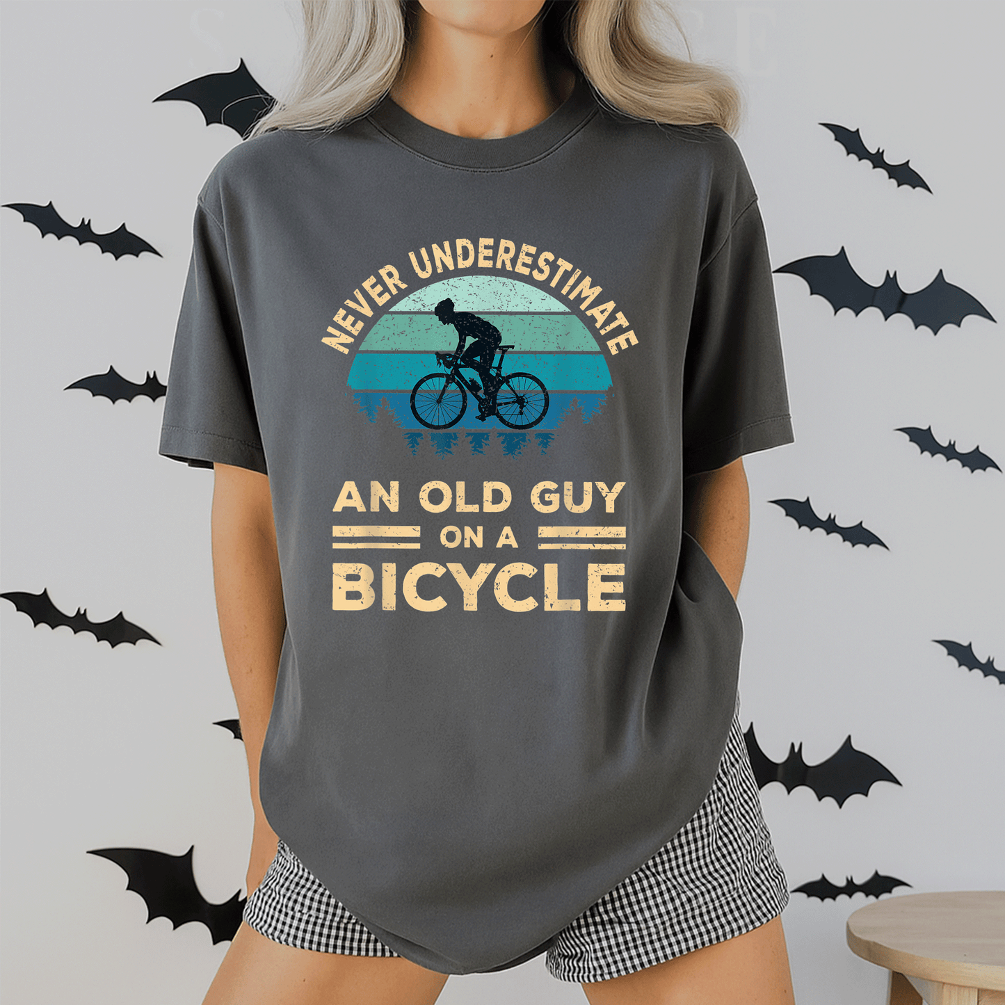 Funny Biker Dad T-Shirt Never Underestimate An Old Guy On A Bicycle Humorous Cycling Gift for Dads and Grandpas - 2