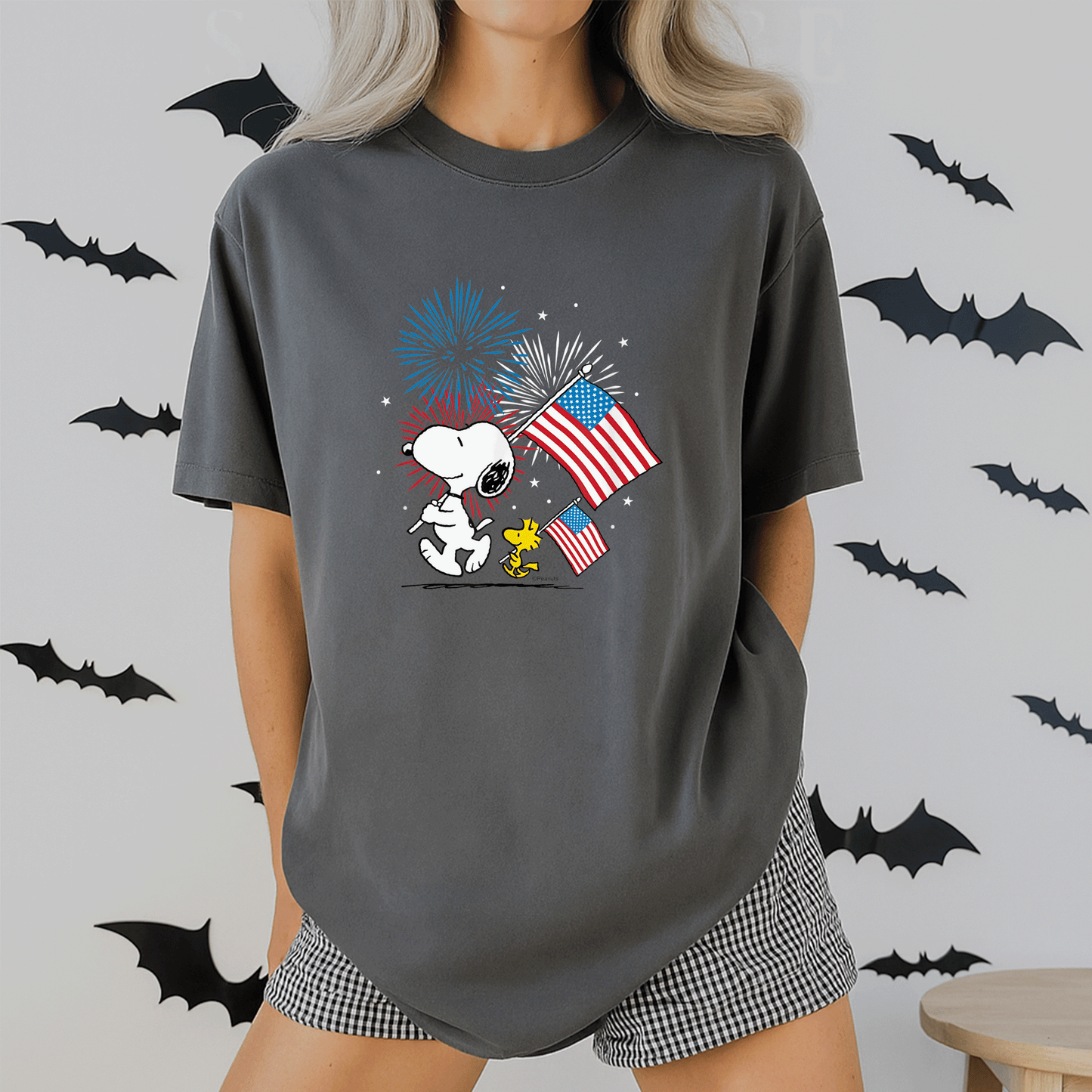 Snoopy and Woodstock American Flags T-Shirt - Fun Peanuts Graphic Tee for Casual Style and Fans of All Ages - 2