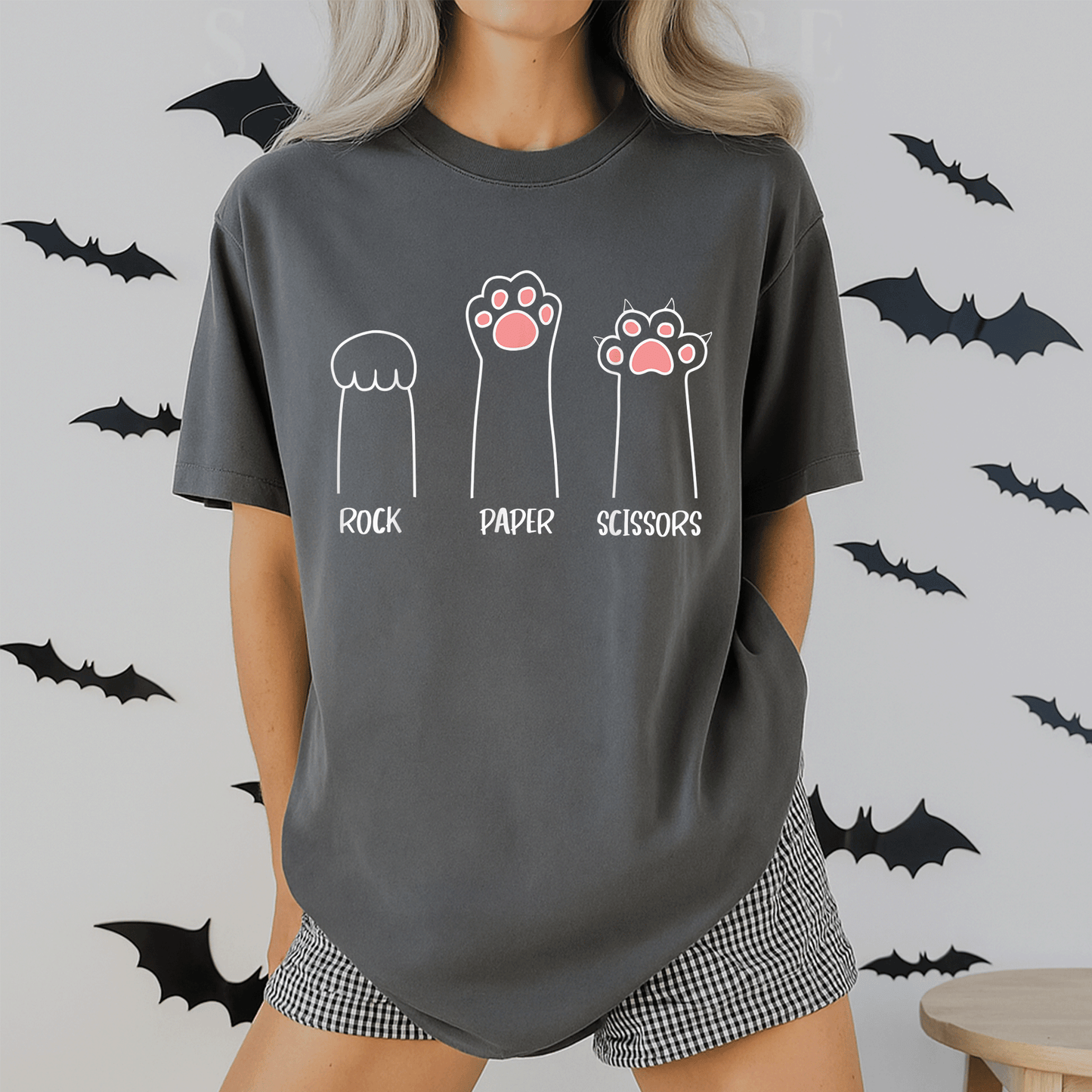 Cute Pink Paw Cat T-Shirt Featuring Rock Paper Scissors Hand Game Design - Fun and Playful Pet Lover Gift - 2