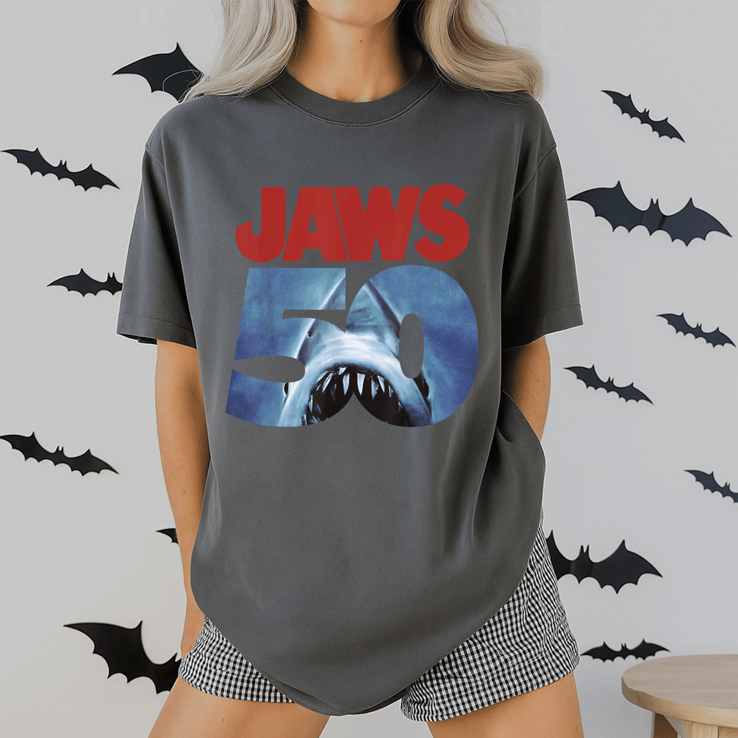 Celebrate 50 Years of Jaws with Our Exclusive Front and Back T-Shirt Featuring Iconic Anniversary Logo Design - 2