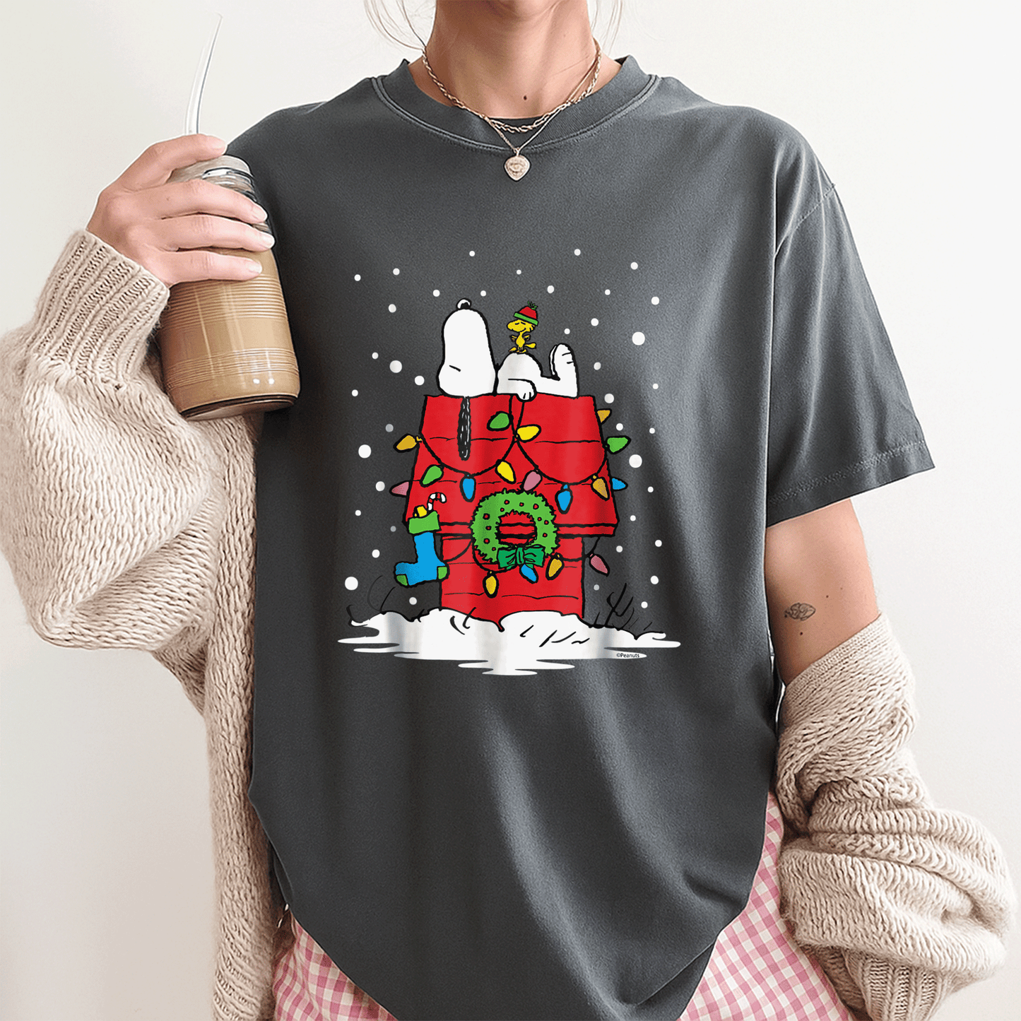 Light Up Peanuts Snoopy and Woodstock Stocking T-shirt – Perfect Holiday Tee for Fun and Festive Celebrations - 3