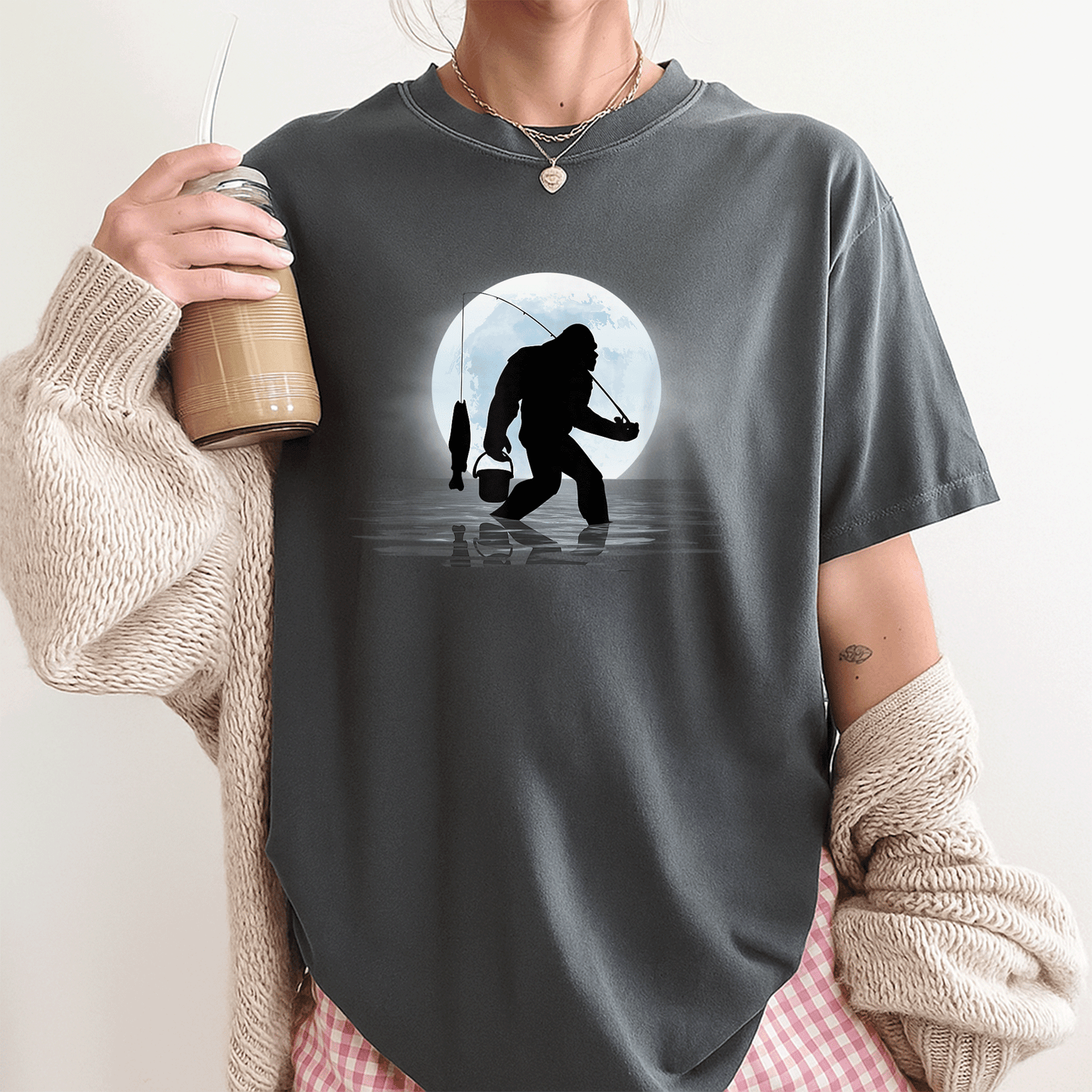 Funny Bigfoot Fishing Shirt for Night Fishing Lovers, Featuring Sasquatch and Fish - Great Gift for Anglers and Nature Fans! - 3