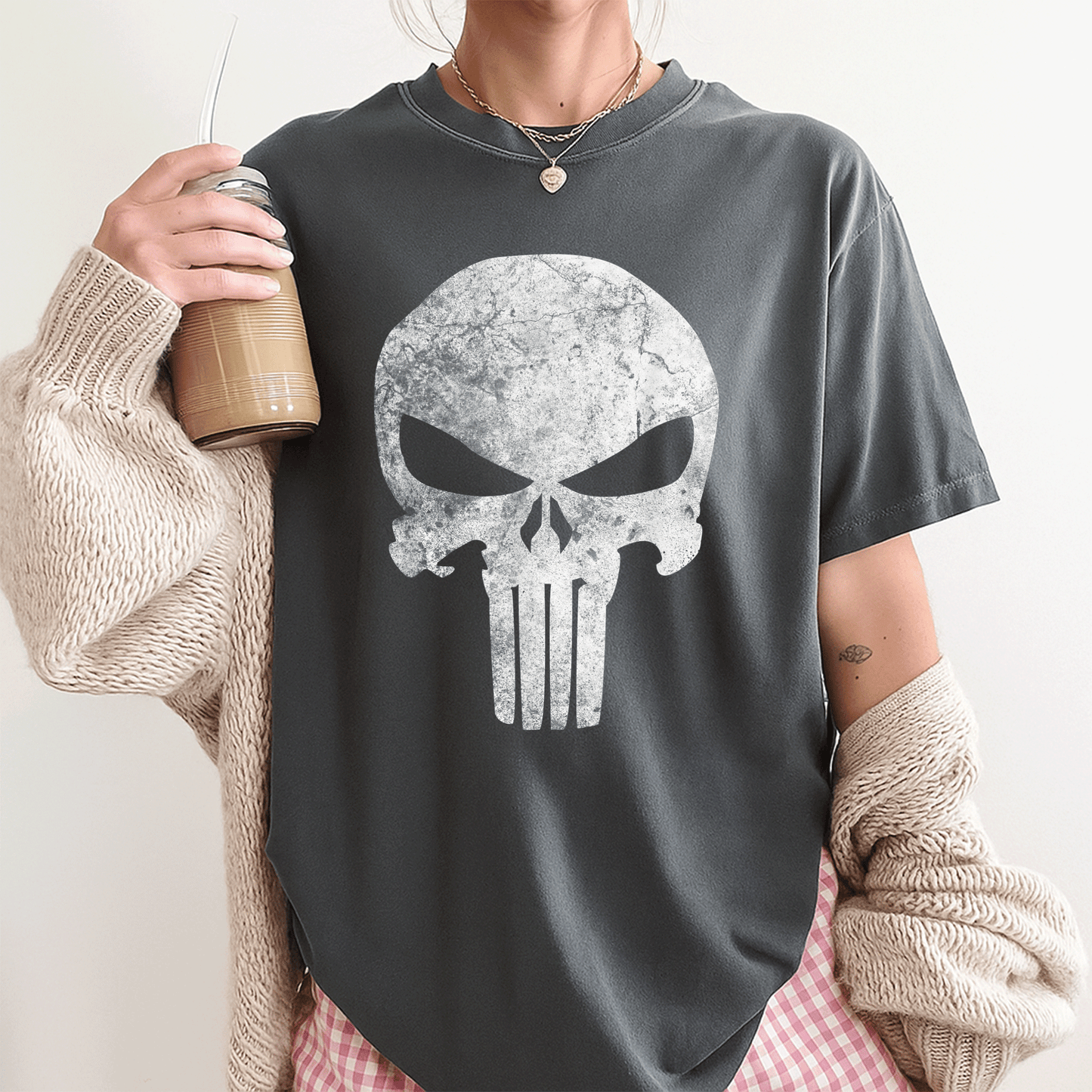 Stylish Marvel Punisher Skull Symbol Distressed Graphic T-Shirt for Fans - Perfect Gift for Comic Book Lovers and Casual Wear - 3