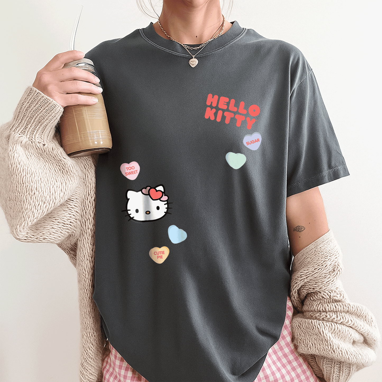 Cute Hello Kitty Candy Hearts Valentine Tee Shirt for Kids and Adults, Adorable Love-Themed Graphic Tee Perfect for Valentine's Day - 3