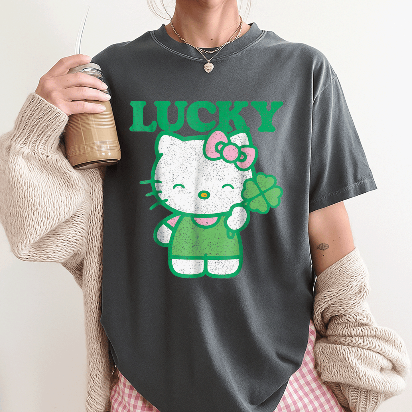 Cute Hello Kitty Lucky Clover Tee Shirt - Adorable Design Featuring Lucky Clover and Hello Kitty for Kids and Adults - 3