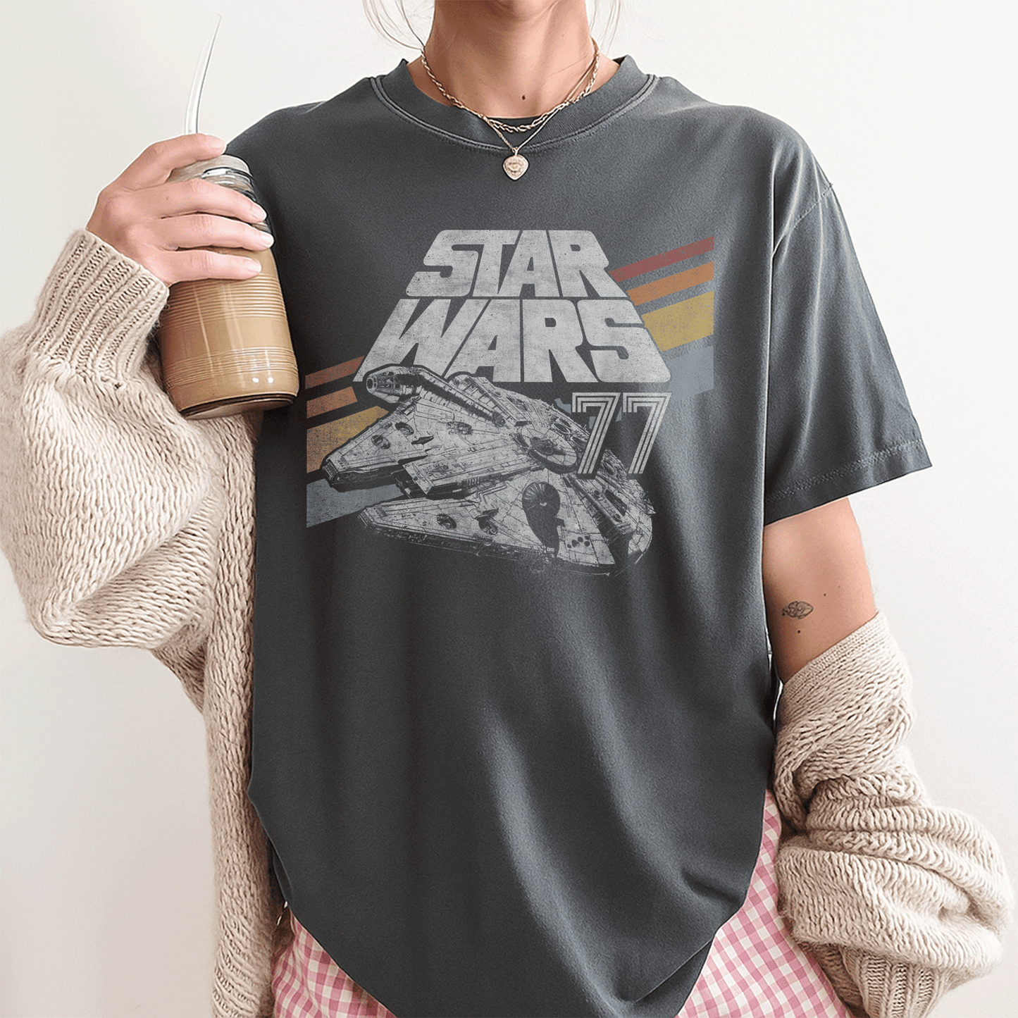 Retro Star Wars Millennium Falcon 77 T-Shirt with Stylish Diagonal Stripes – Perfect for Fans and Collectors! - 3