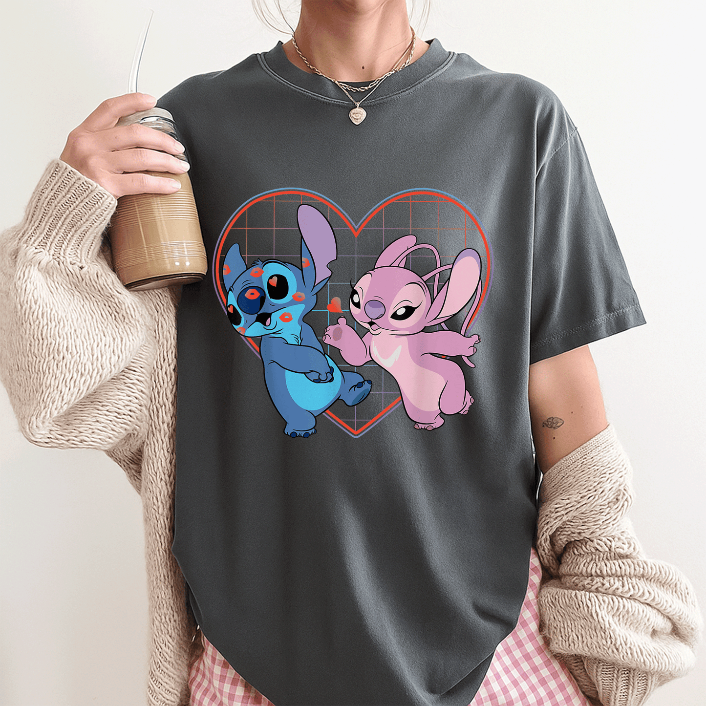 Cute Disney Lilo and Stitch Angel Heart Kisses T-Shirt for Fans of Cozy Style and Adorable Character Designs - 3