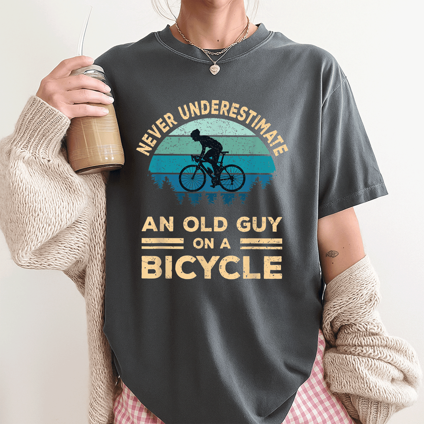 Funny Biker Dad T-Shirt Never Underestimate An Old Guy On A Bicycle Humorous Cycling Gift for Dads and Grandpas - 3