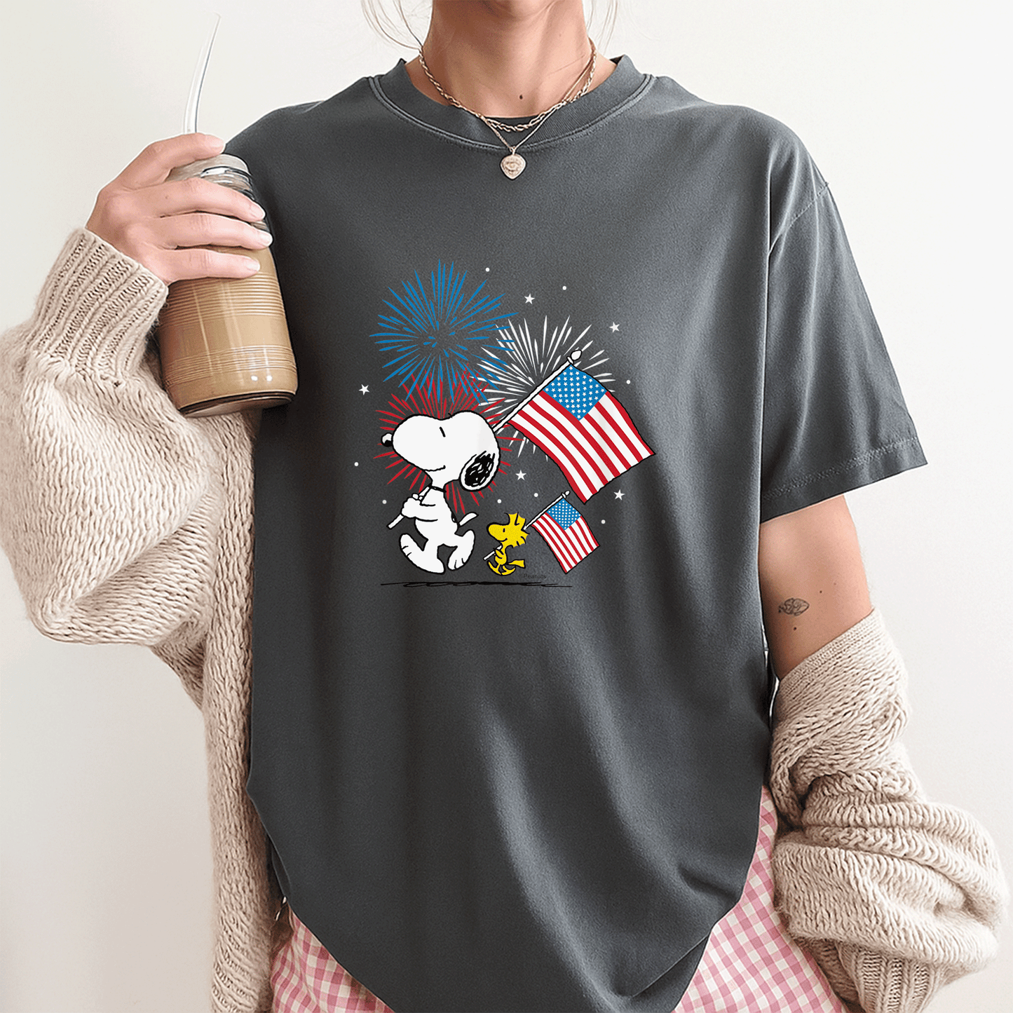 Snoopy and Woodstock American Flags T-Shirt - Fun Peanuts Graphic Tee for Casual Style and Fans of All Ages - 3