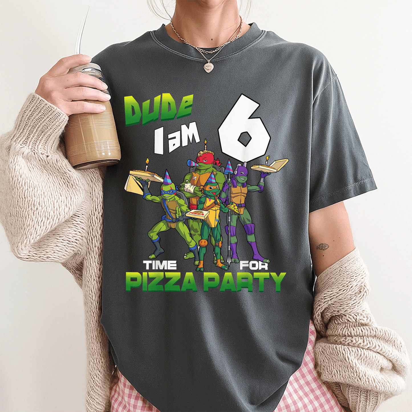 Cool Teenage Mutant Ninja Turtles Birthday T-Shirt for Boys - Dude I am 6 Years Old Pizza Party Style Fun Tee - 3