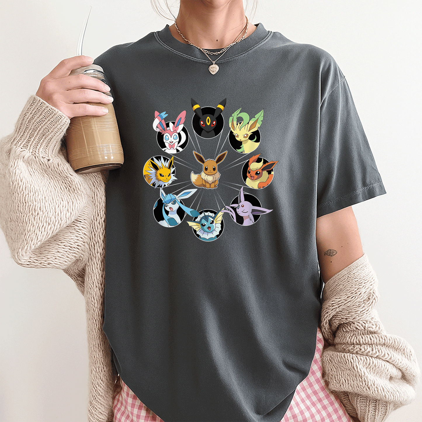 Eevee Evolution Circle T-Shirt for Pokémon Fans, Cute and Colorful Graphic Tee Featuring Eevee and Its Evolutions - 3