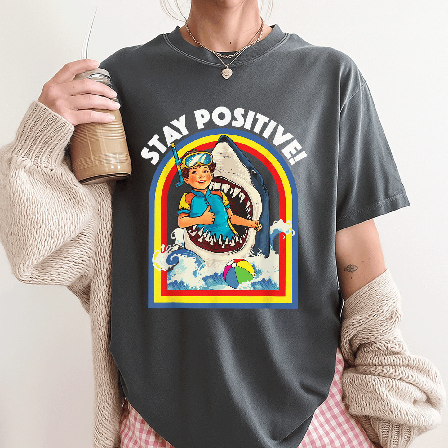 Stay Positive Shark Lover T-Shirt for Ocean and Sea Animal Enthusiasts, Perfect Gift for Wildlife Lovers - 3