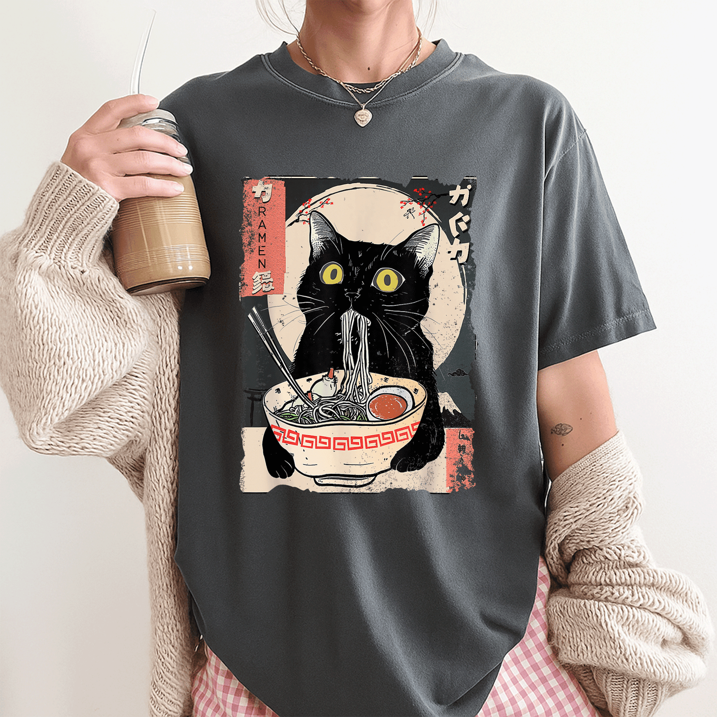 Cute Kawaii Cat Eating Ramen Noodles T-Shirt for Girls and Teens - Funny Anime Gift for Cat Lovers and Anime Fans - 3