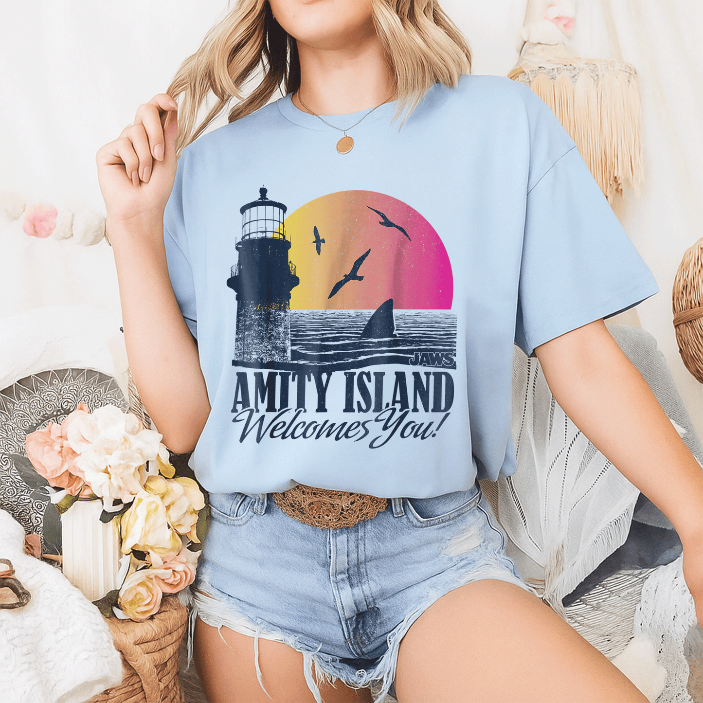 Jaws Sunset Amity Island Graphic T-Shirt Embrace the Beach Vibes in Style Perfect for Horror and Movie Fans - 2