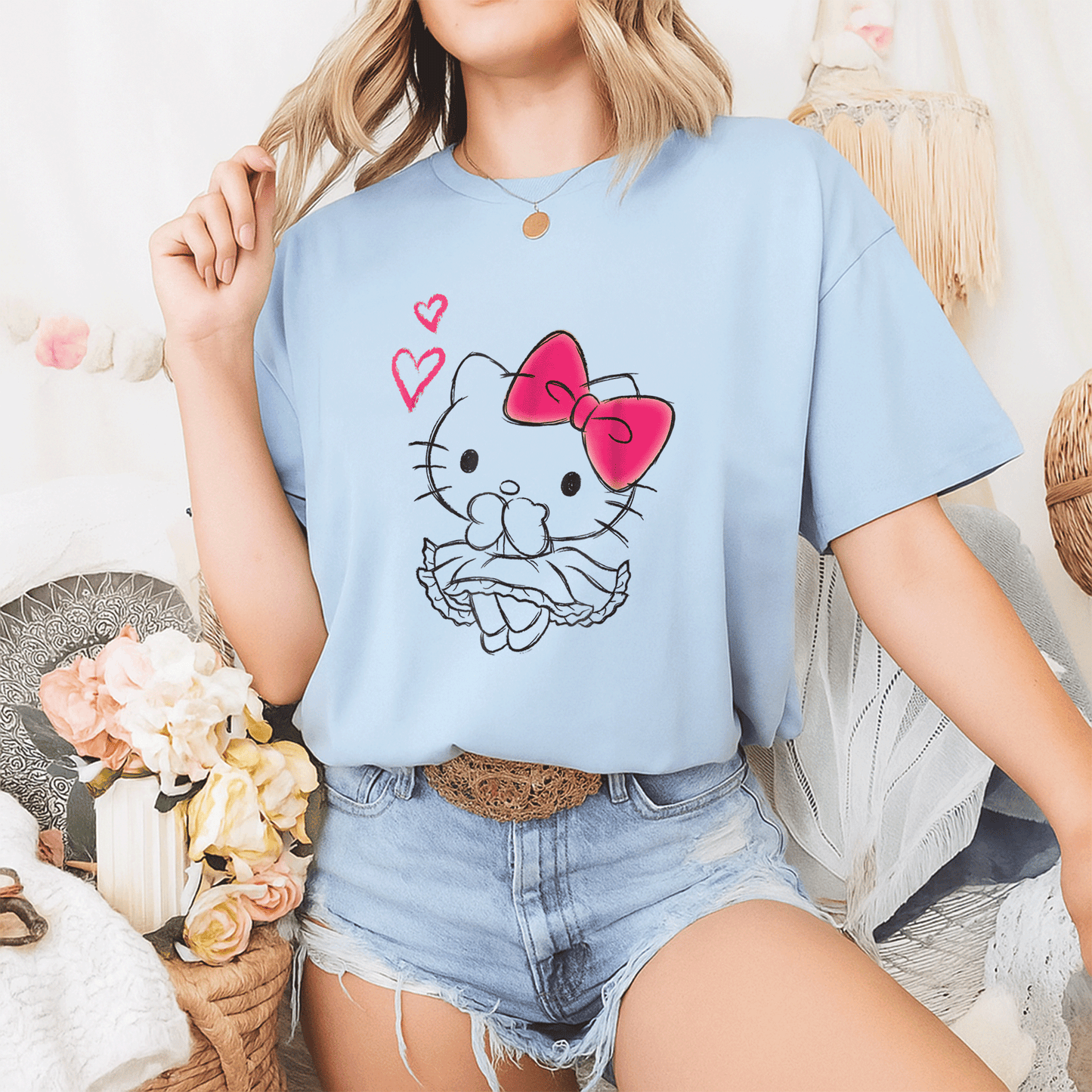 Cute Hello Kitty Girly Hearts Tee Shirt for Kids, Adorable Pink Graphic Design, Perfect Gift for Cat Lovers and Fashionistas - 2