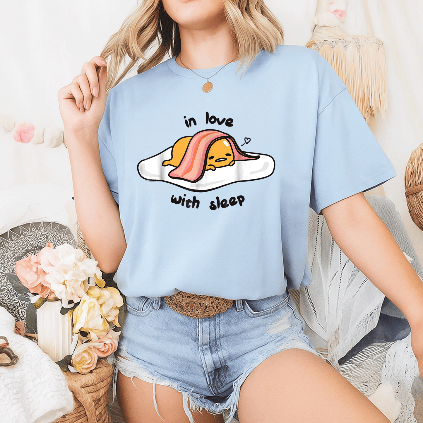 Cute Gudetama In Love with Sleep Tee Shirt - Adorable Lazy Egg Graphic Tee for Fans of Kawaii and Cozy Style - 2