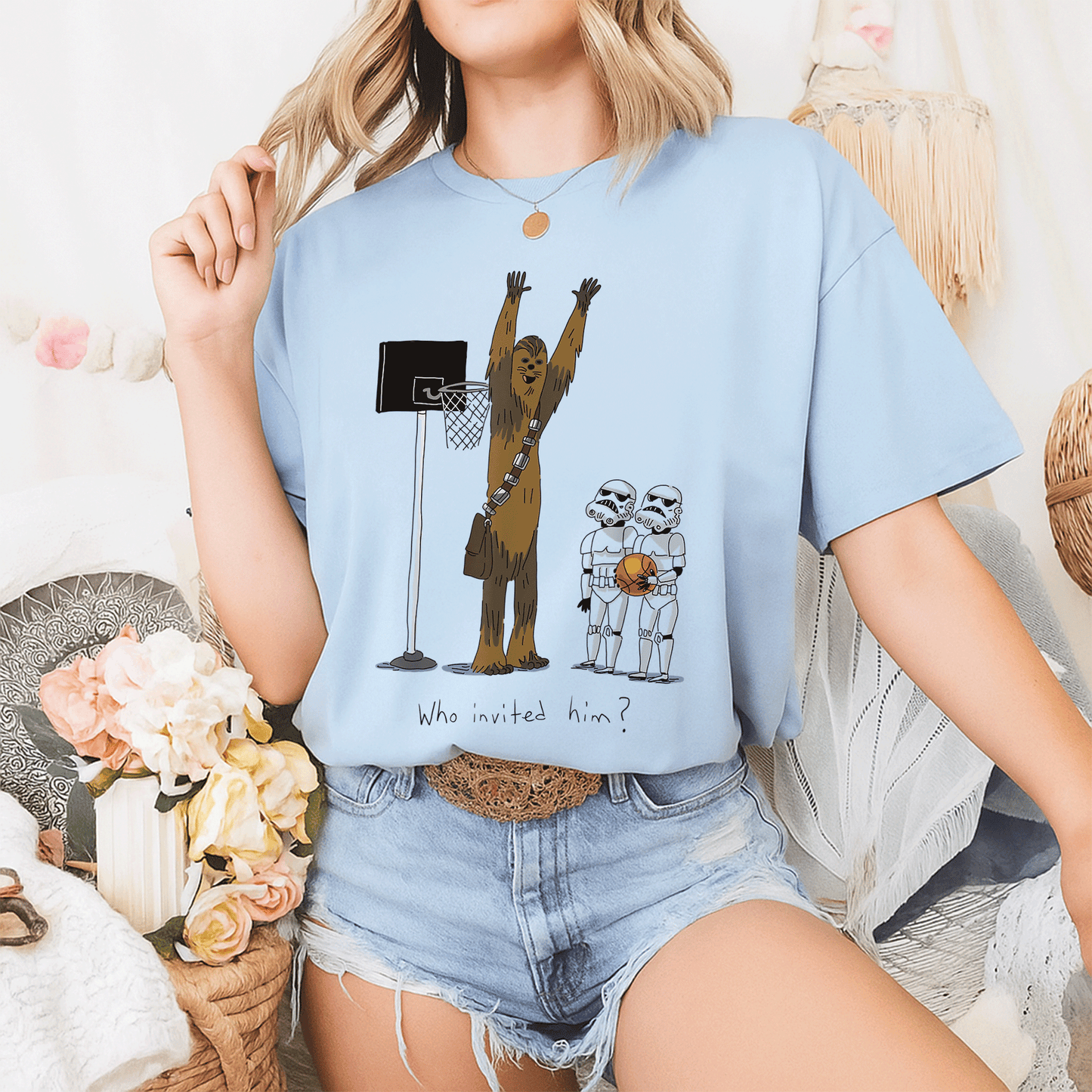 Star Wars Chewbacca Basketball Who Invited Him T-Shirt Fun Graphic Tee for Fans of Chewy and Sports Enthusiasts - 2