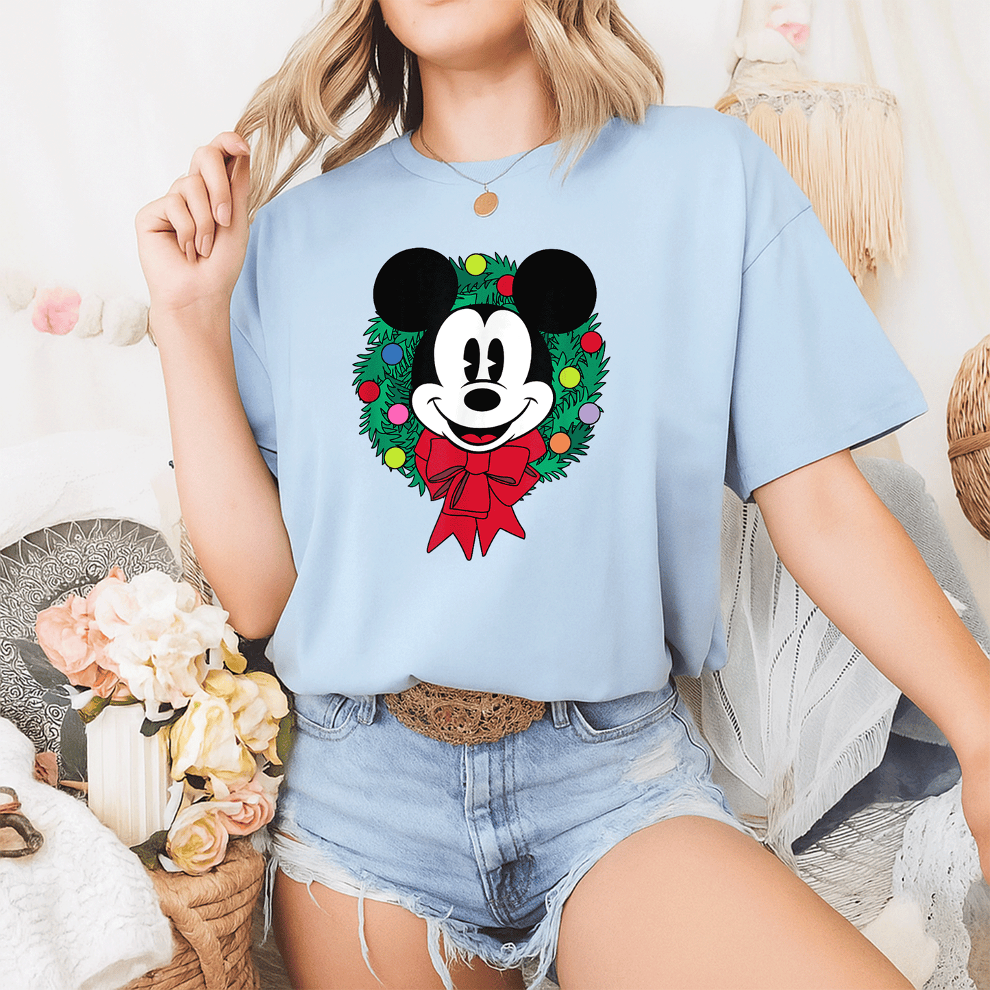 Cozy Up with Amazon Essentials Mickey Mouse Festive Holiday Christmas Wreath T-Shirt Perfect for Celebrating the Season - 2