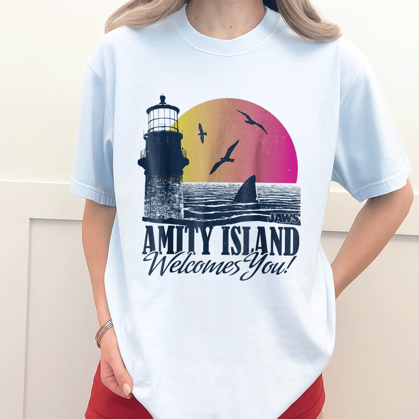 Jaws Sunset Amity Island Graphic T-Shirt Embrace the Beach Vibes in Style Perfect for Horror and Movie Fans - 3