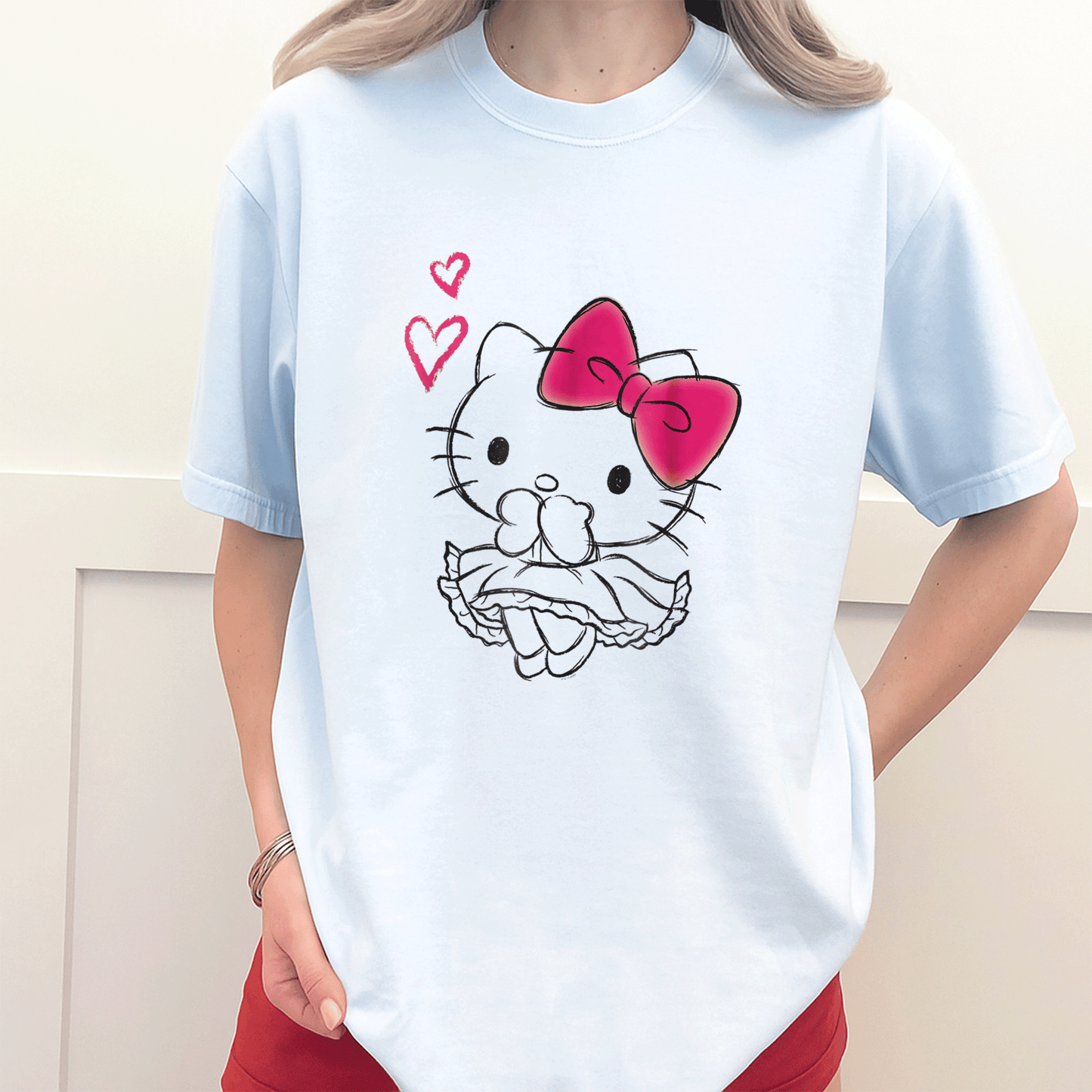 Cute Hello Kitty Girly Hearts Tee Shirt for Kids, Adorable Pink Graphic Design, Perfect Gift for Cat Lovers and Fashionistas - 3