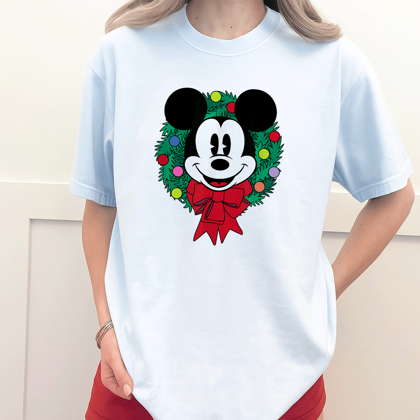 Cozy Up with Amazon Essentials Mickey Mouse Festive Holiday Christmas Wreath T-Shirt Perfect for Celebrating the Season - 3
