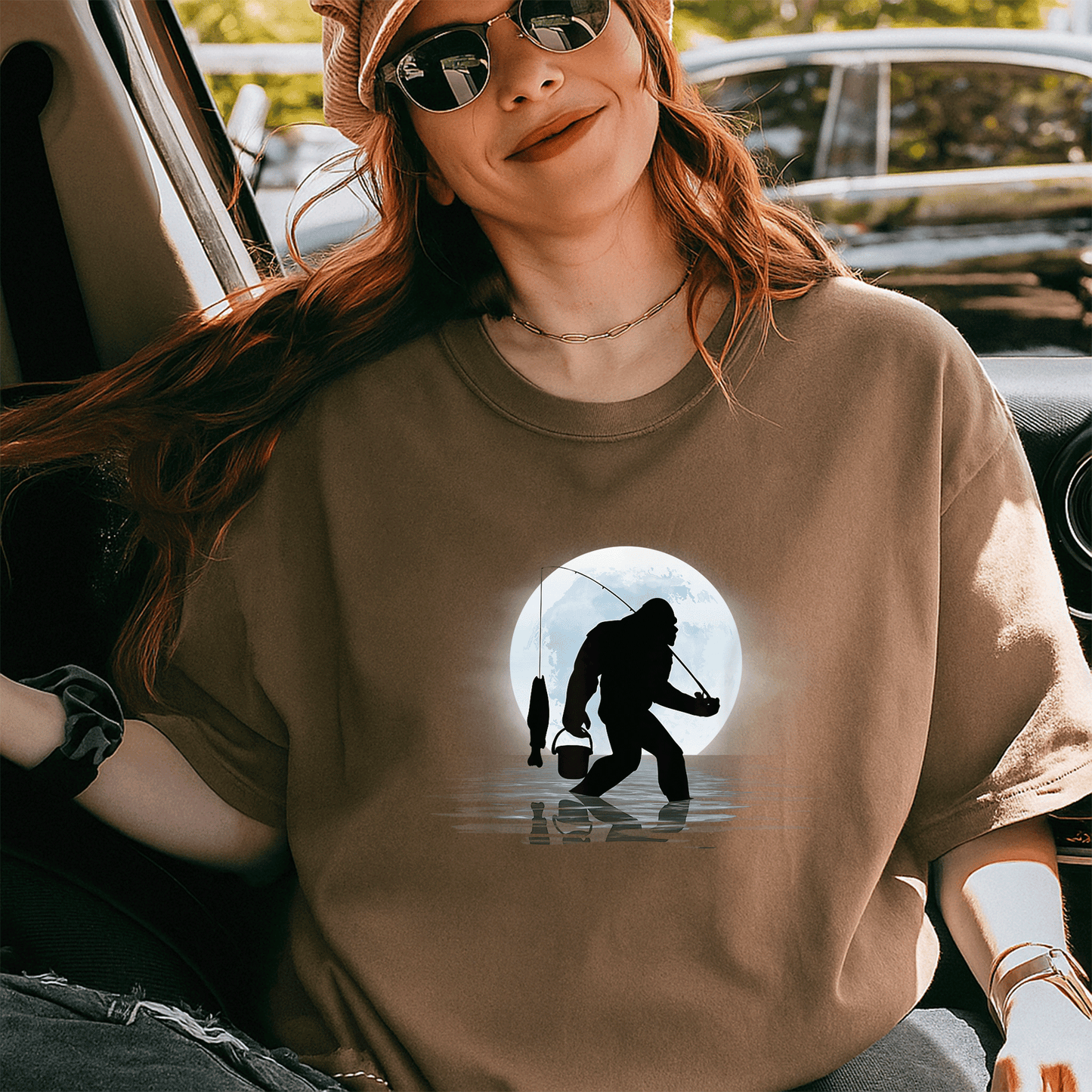 Funny Bigfoot Fishing Shirt for Night Fishing Lovers, Featuring Sasquatch and Fish - Great Gift for Anglers and Nature Fans! - 5
