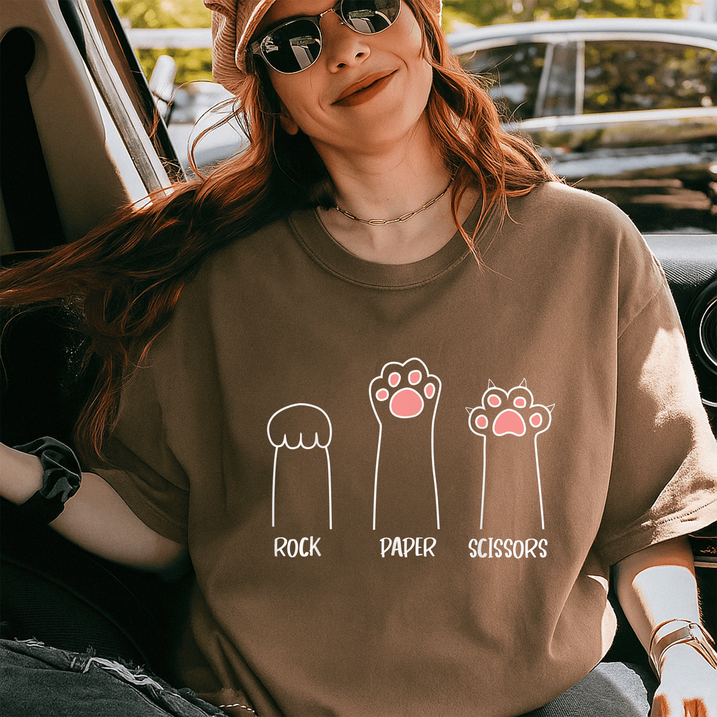 Cute Pink Paw Cat T-Shirt Featuring Rock Paper Scissors Hand Game Design - Fun and Playful Pet Lover Gift - 5