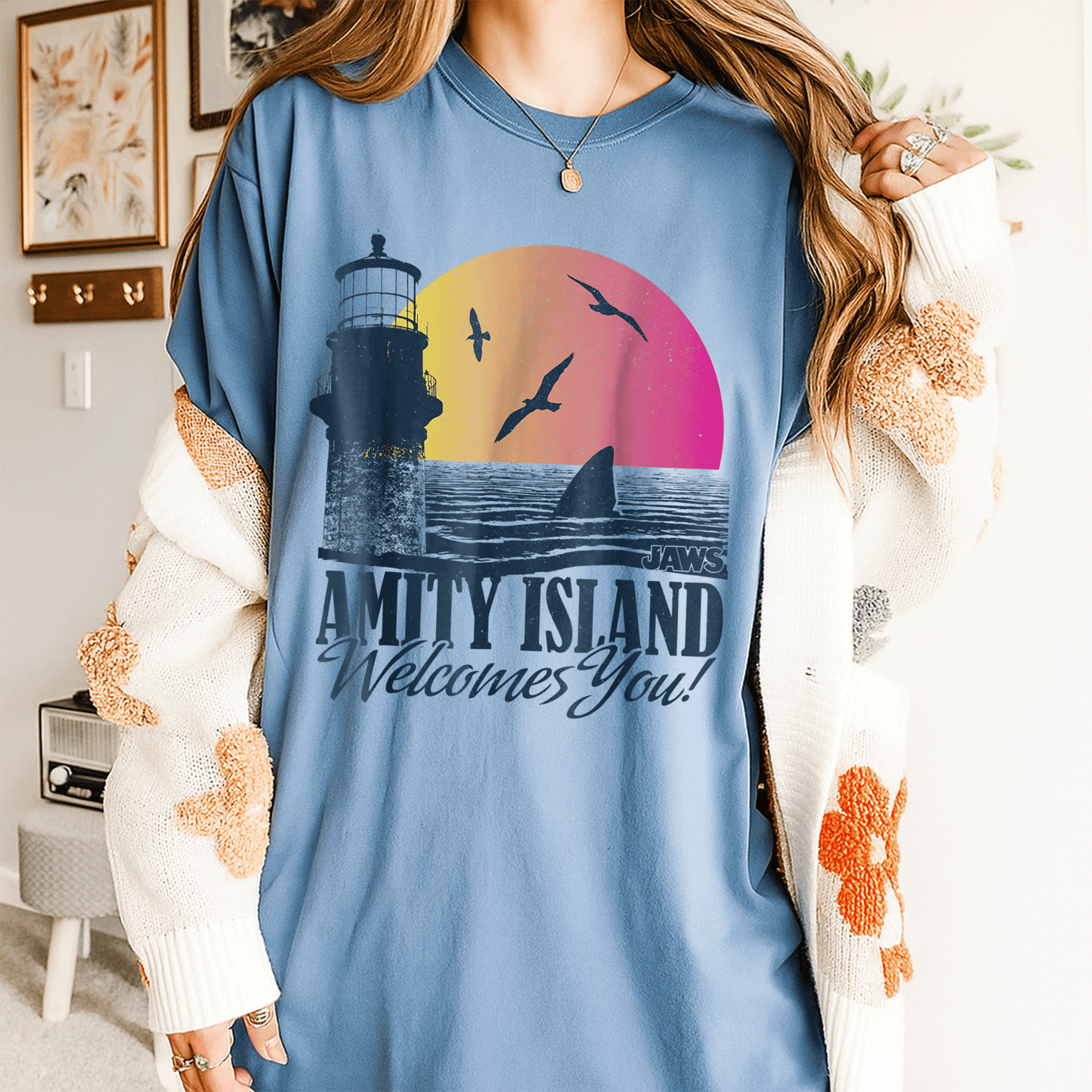 Jaws Sunset Amity Island Graphic T-Shirt Embrace the Beach Vibes in Style Perfect for Horror and Movie Fans - 4