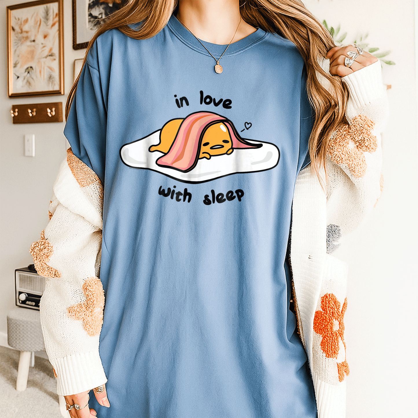 Cute Gudetama In Love with Sleep Tee Shirt - Adorable Lazy Egg Graphic Tee for Fans of Kawaii and Cozy Style - 4