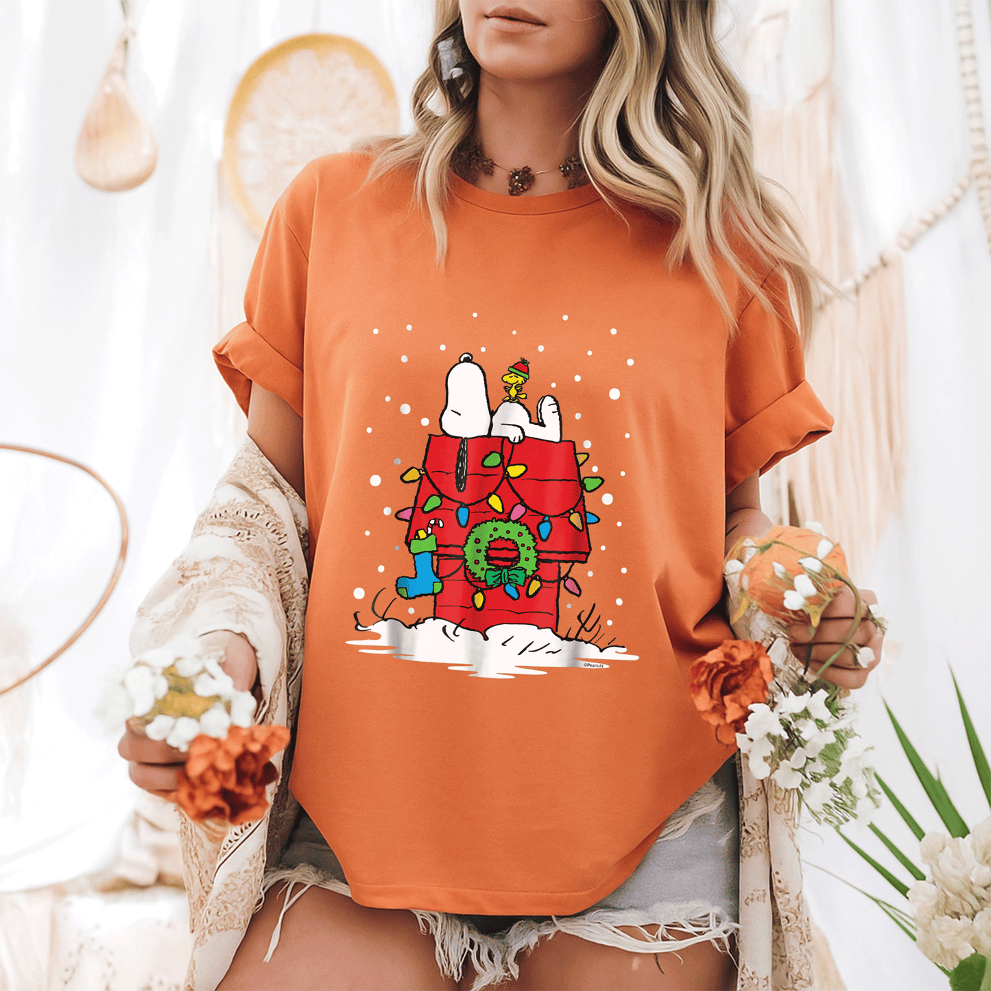 Light Up Peanuts Snoopy and Woodstock Stocking T-shirt – Perfect Holiday Tee for Fun and Festive Celebrations - 6