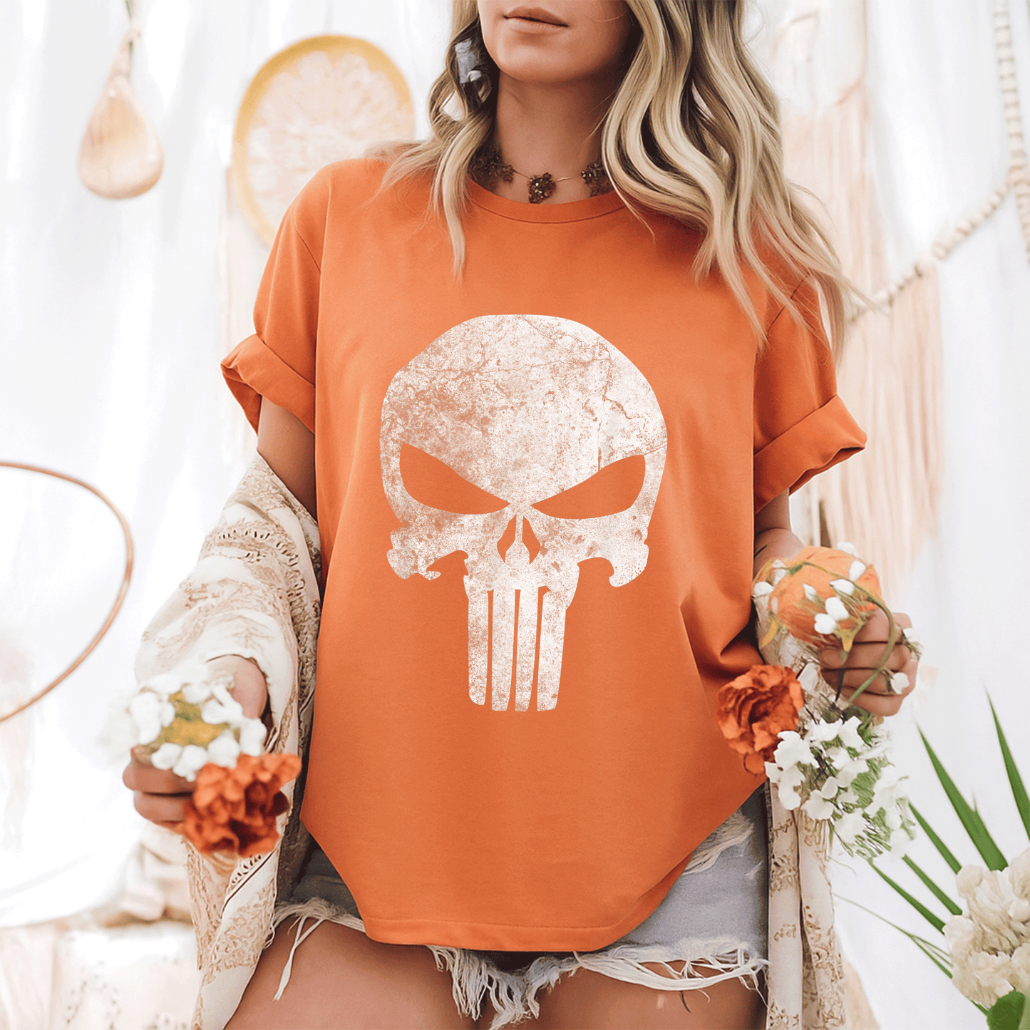 Stylish Marvel Punisher Skull Symbol Distressed Graphic T-Shirt for Fans - Perfect Gift for Comic Book Lovers and Casual Wear - 6