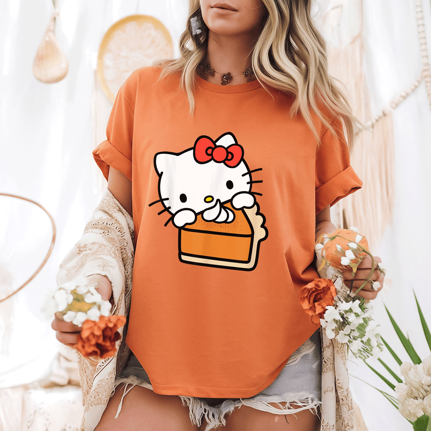Hello Kitty Pumpkin Pie T-Shirt Adorable Fall Fashion for Cat Lovers Cute Graphic Tee Perfect for Halloween and Thanksgiving Celebrations - 6