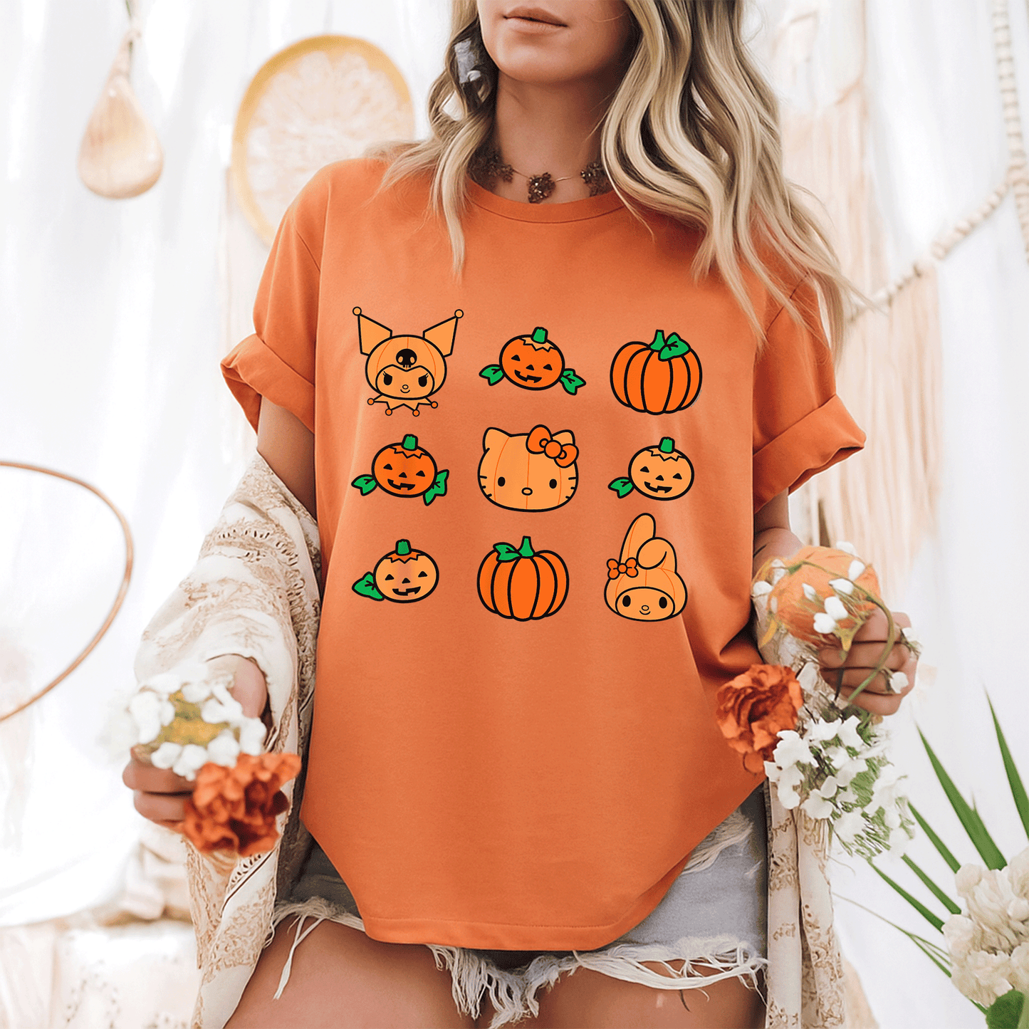 Cute Hello Kitty My Melody Kuromi Pumpkins Halloween T-Shirt for Kids and Adults - Fun Festive Style for All Celebrations - 6