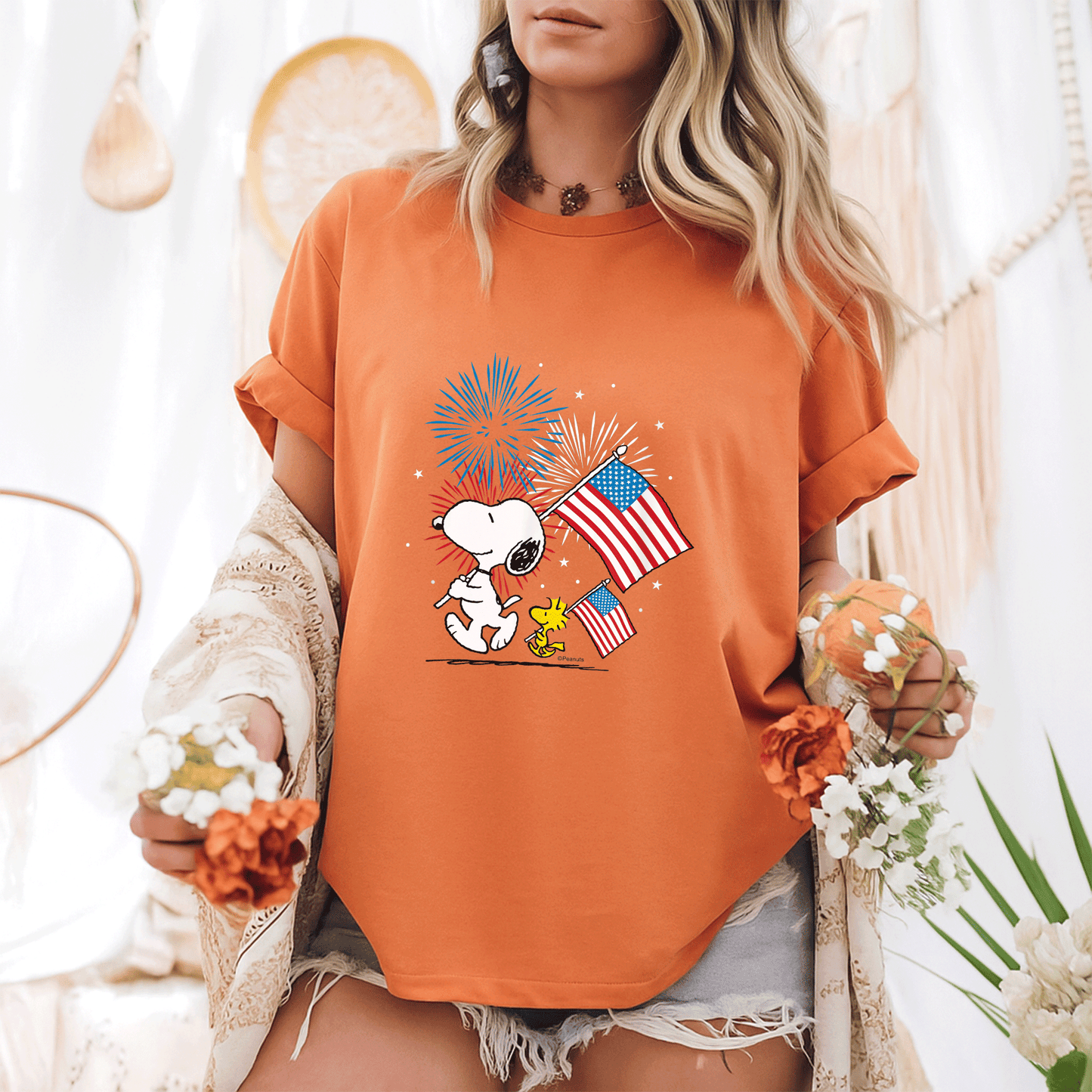 Snoopy and Woodstock American Flags T-Shirt - Fun Peanuts Graphic Tee for Casual Style and Fans of All Ages - 6