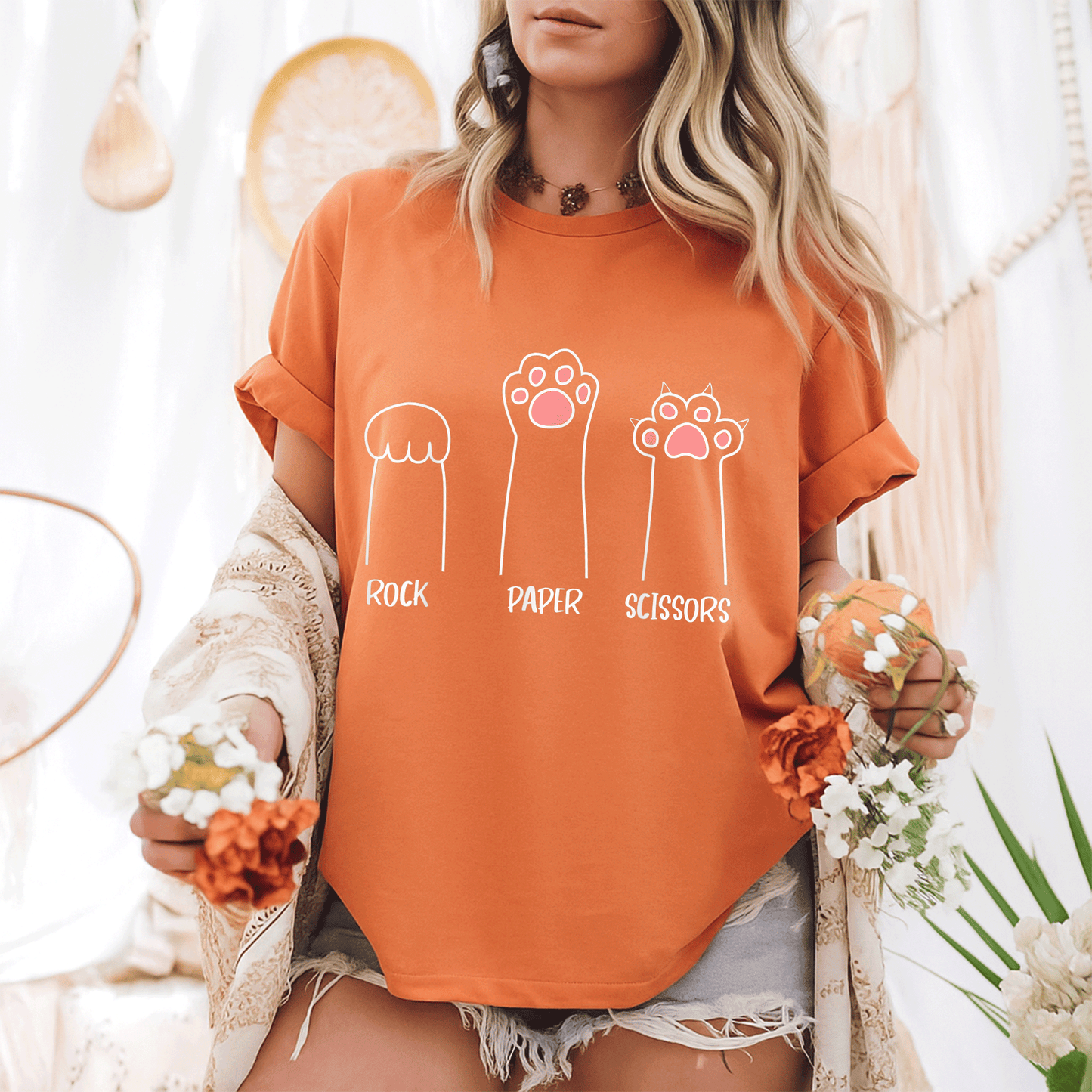 Cute Pink Paw Cat T-Shirt Featuring Rock Paper Scissors Hand Game Design - Fun and Playful Pet Lover Gift - 6