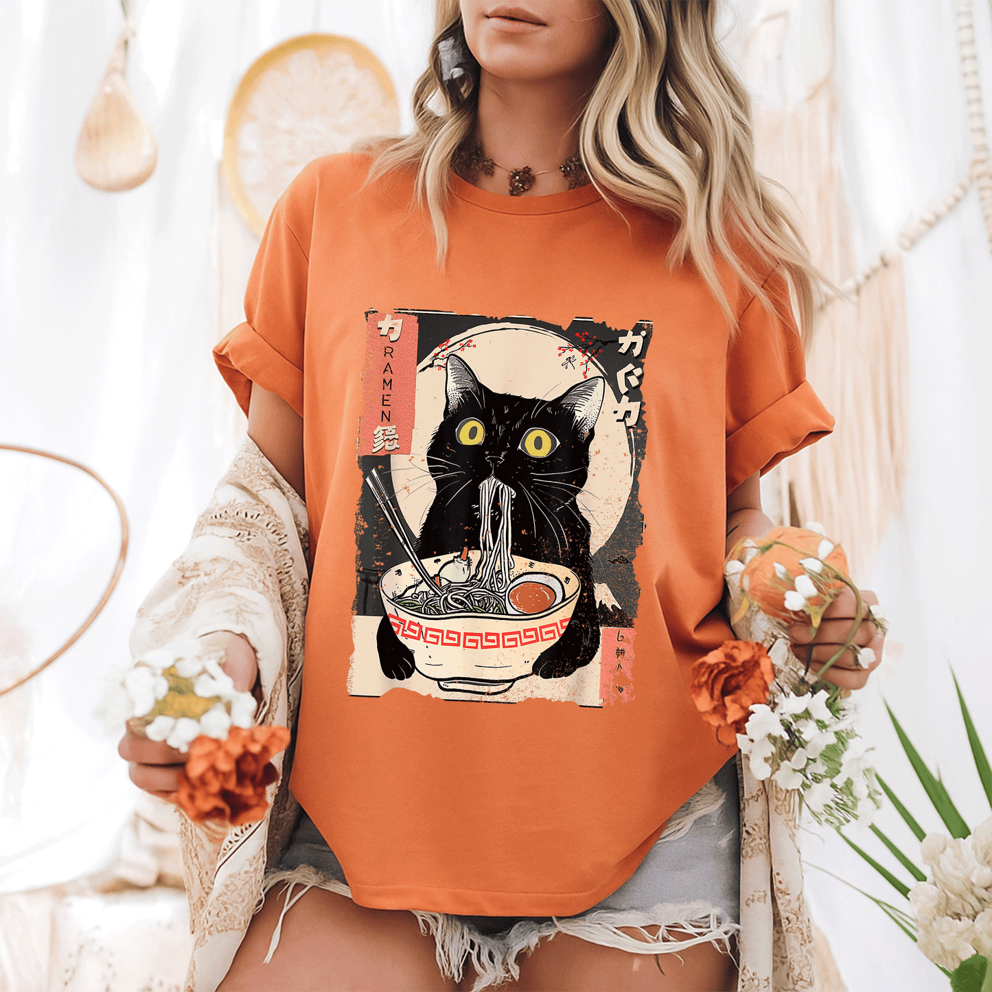 Cute Kawaii Cat Eating Ramen Noodles T-Shirt for Girls and Teens - Funny Anime Gift for Cat Lovers and Anime Fans - 6