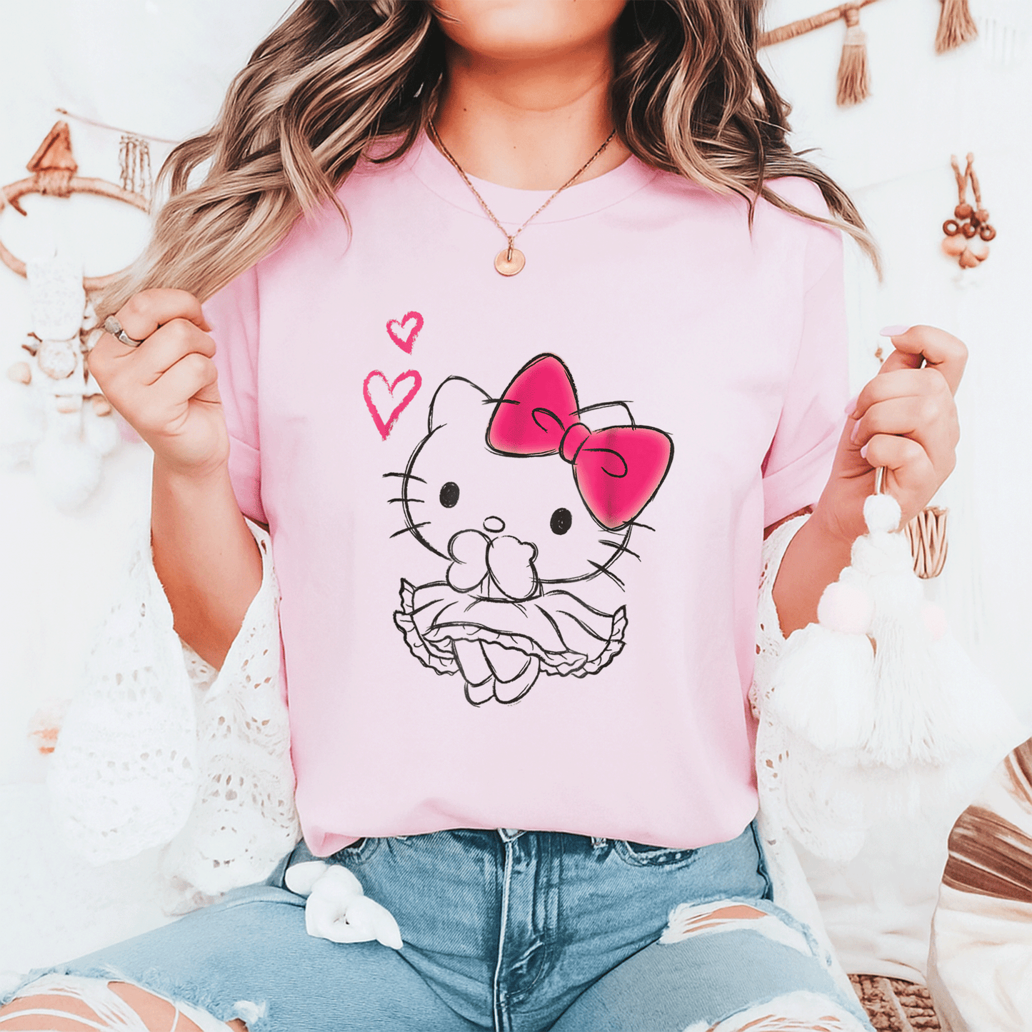 Cute Hello Kitty Girly Hearts Tee Shirt for Kids, Adorable Pink Graphic Design, Perfect Gift for Cat Lovers and Fashionistas - 6