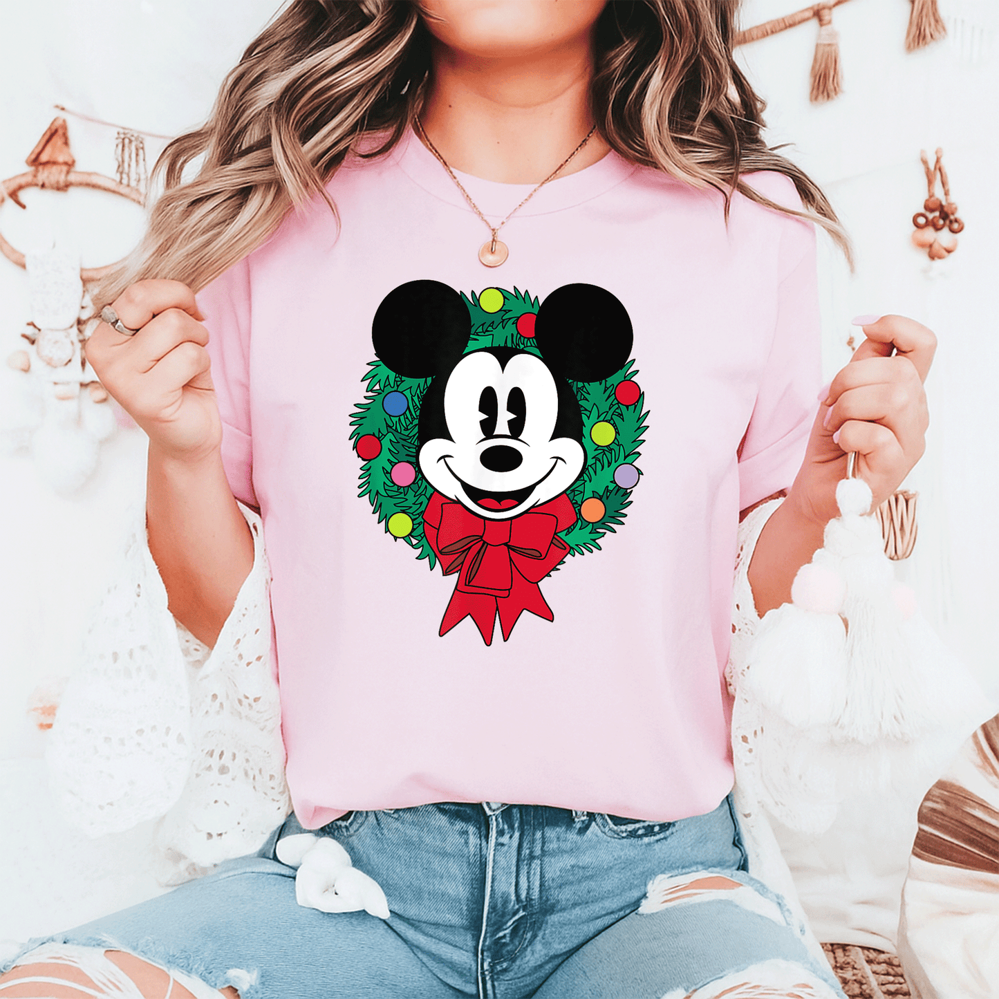 Cozy Up with Amazon Essentials Mickey Mouse Festive Holiday Christmas Wreath T-Shirt Perfect for Celebrating the Season - 6