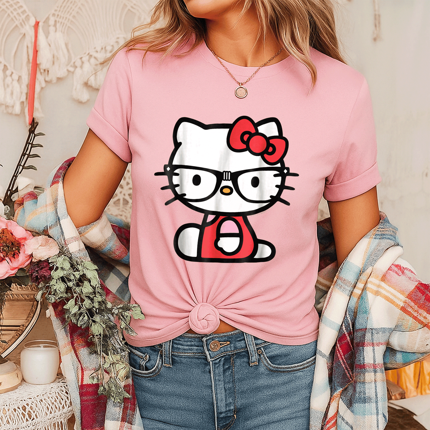 Cute Hello Kitty Nerd Glasses Tee Shirt Perfect for Fans Stylish Graphic Tee with Adorable Kitty Design for Everyday Wear - 7