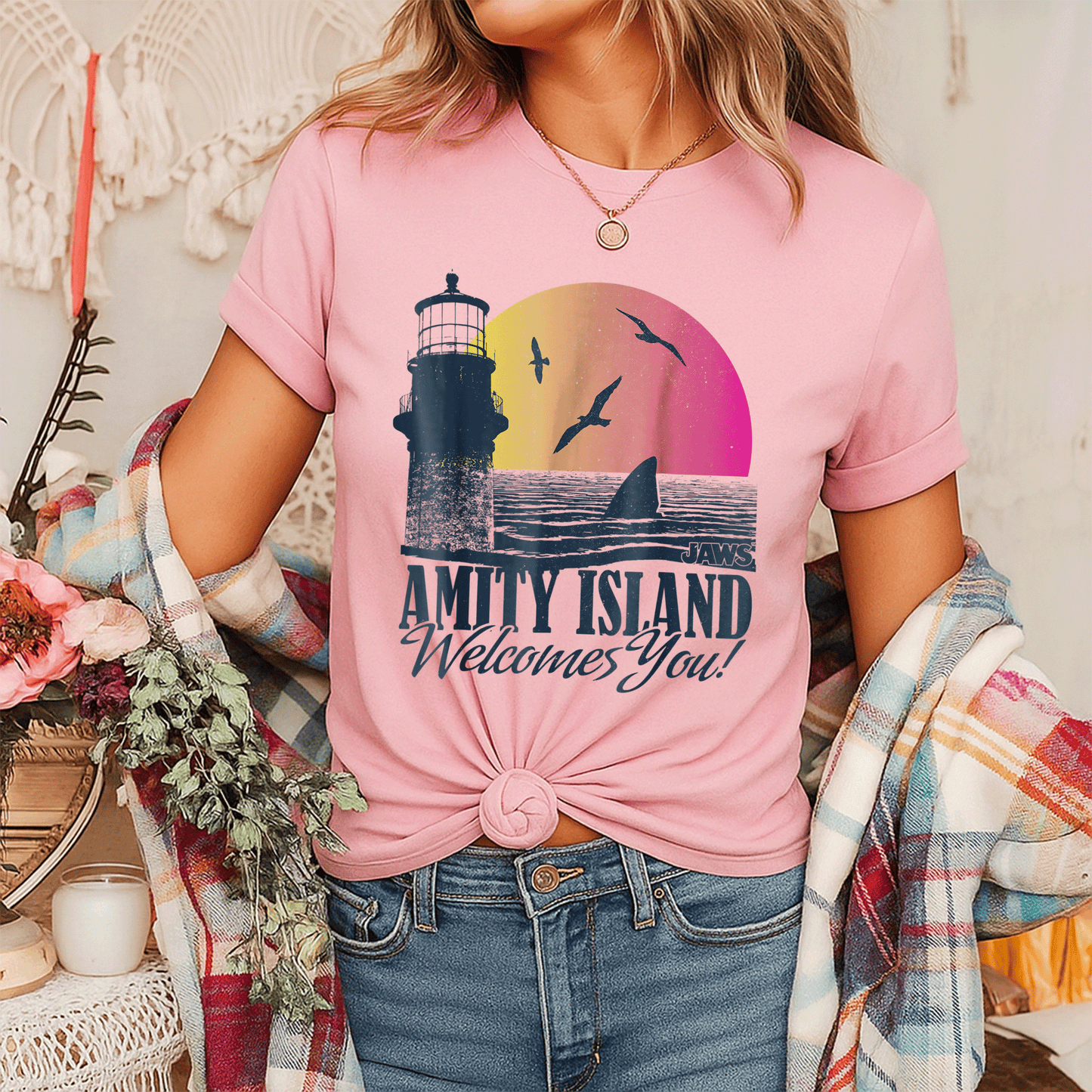 Jaws Sunset Amity Island Graphic T-Shirt Embrace the Beach Vibes in Style Perfect for Horror and Movie Fans - 7