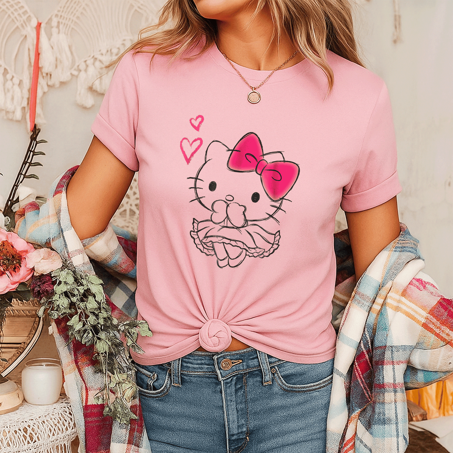 Cute Hello Kitty Girly Hearts Tee Shirt for Kids, Adorable Pink Graphic Design, Perfect Gift for Cat Lovers and Fashionistas - 7